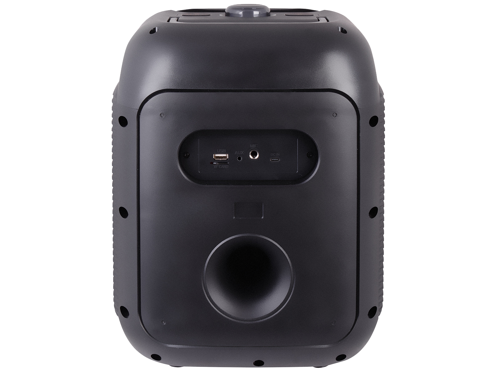 Altoparlante nero con porte USB, aux, microfono e scheda TF. Ha una grande porta per i bassi e una manopola di controllo.
