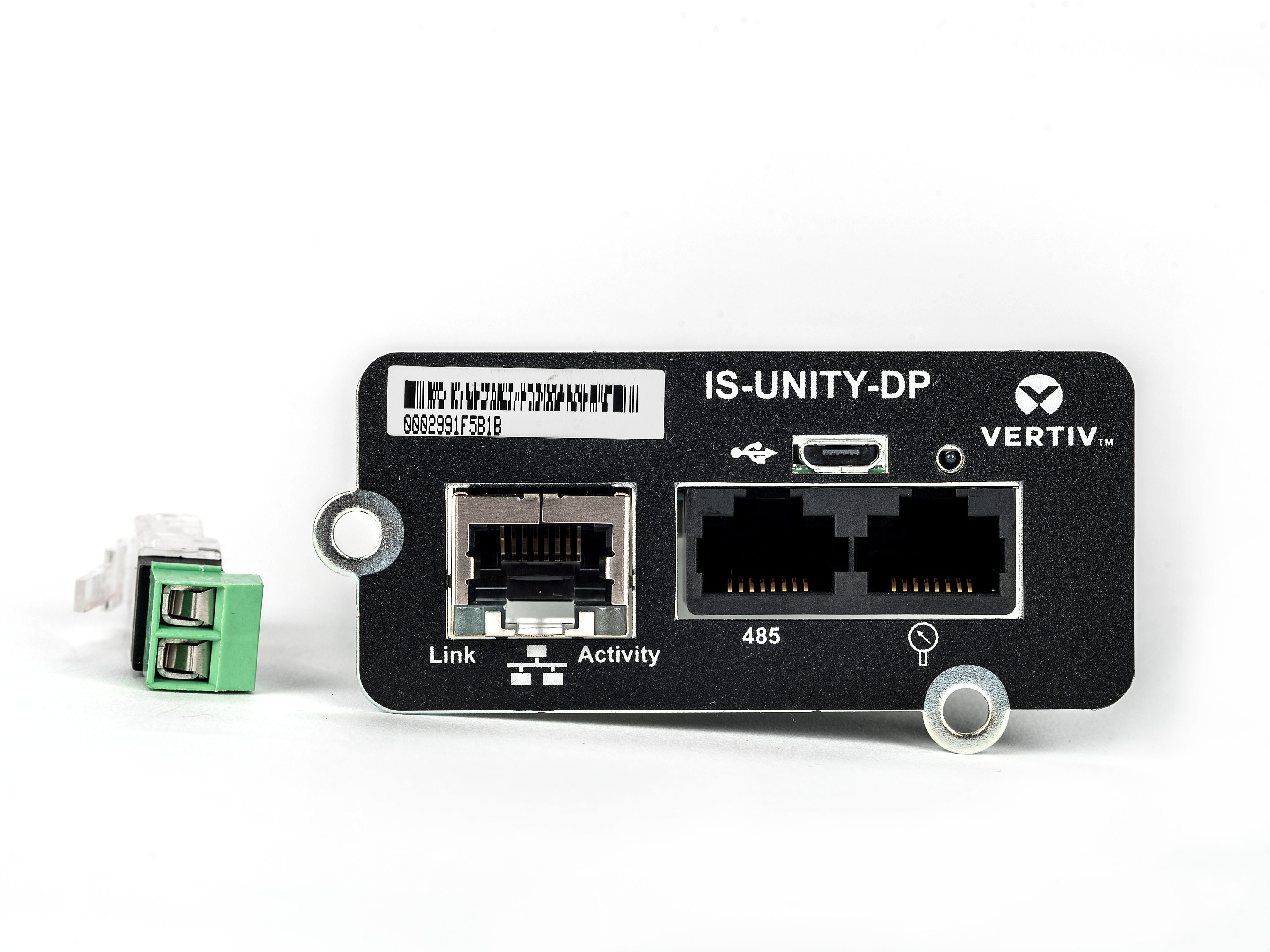 Un appareil noir Vertiv IS-UNITY-DP avec des ports, un connecteur vert et un anneau argenté sur fond blanc.