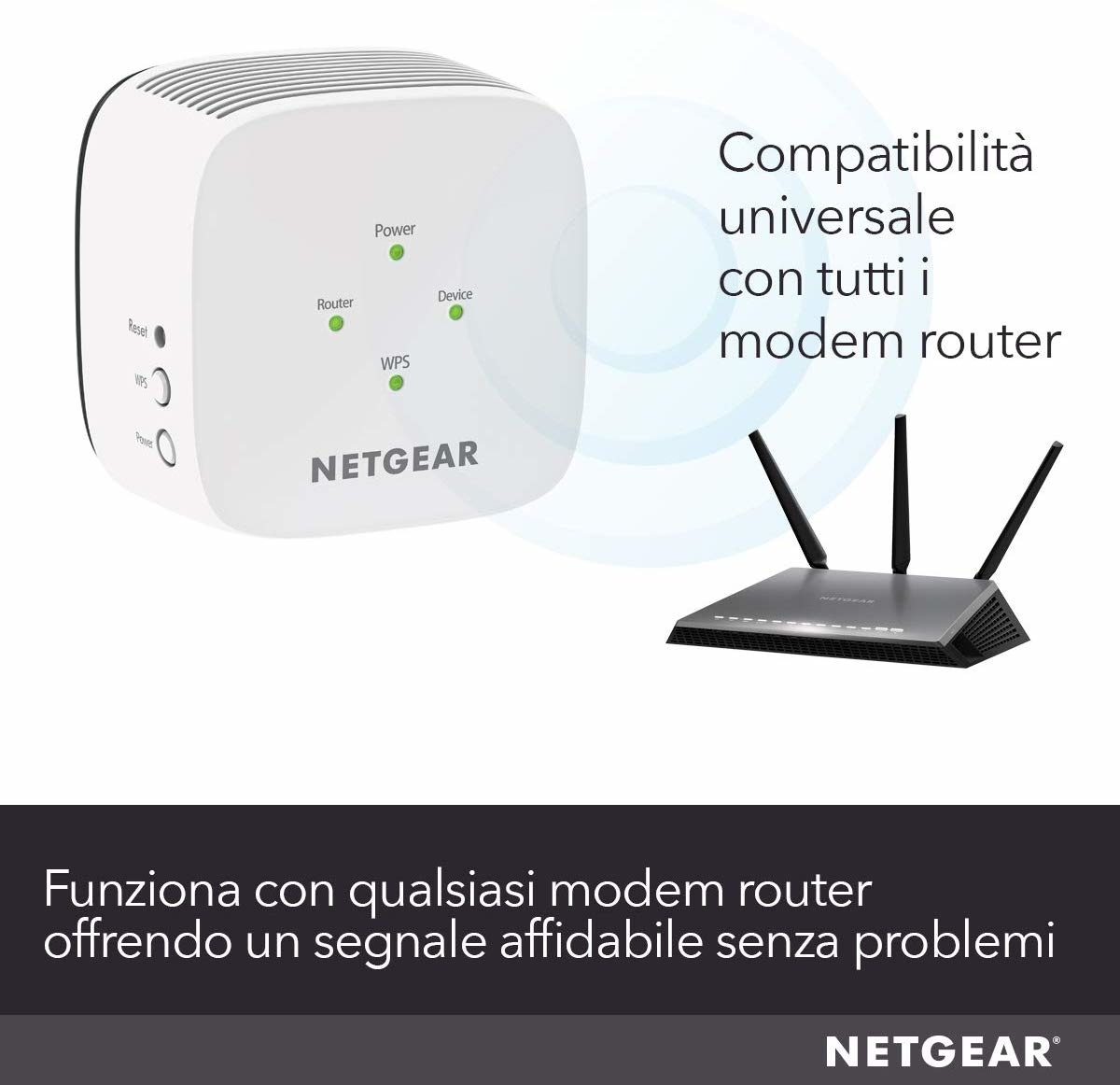 Un prolongateur WiFi Netgear blanc et un routeur noir sont affichés. Le texte décrit la compatibilité universelle et un signal fiable.