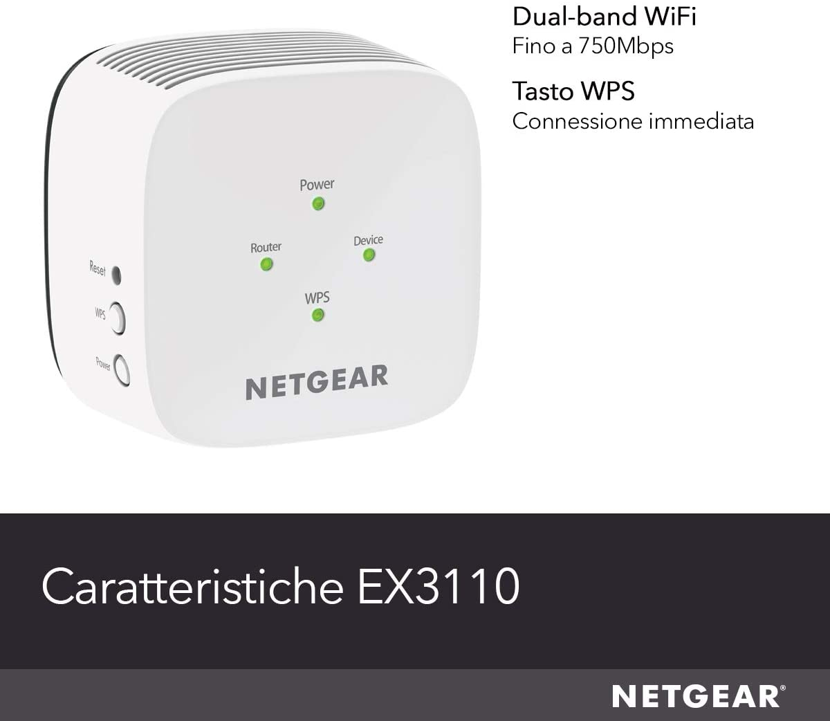 Un prolongateur WiFi Netgear EX3110 blanc avec voyants pour Alimentation, Routeur, Appareil et WPS. Texte inclut spécifications et logo.