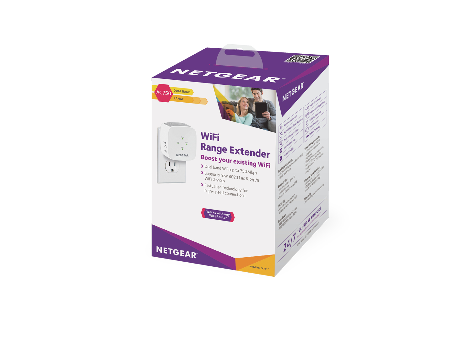 Boîte d'extendeur de portée WiFi Netgear. Extendeur blanc, AC750, double bande. Informations sur la boîte avec des personnes utilisant le Wifi.