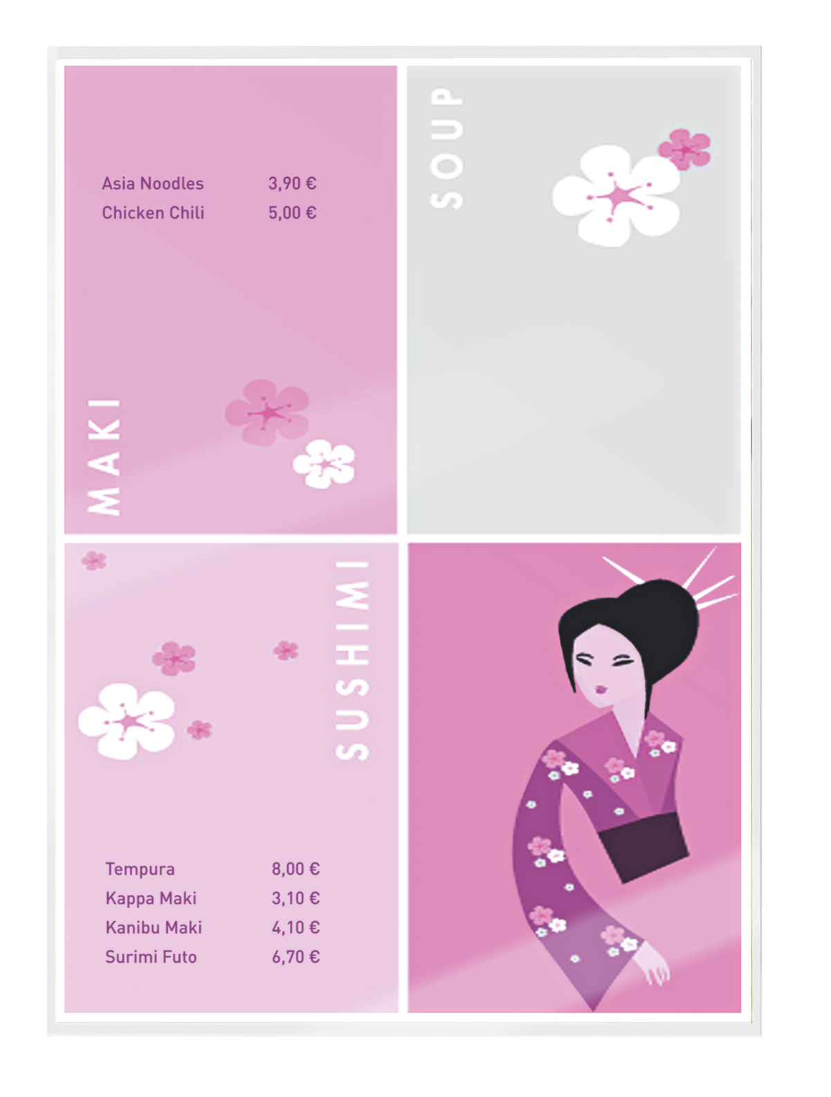 Eine Speisekarte mit Sushi- und Suppenoptionen. Enthält eine Geisha-Illustration, Blumen und Text mit Preisen.