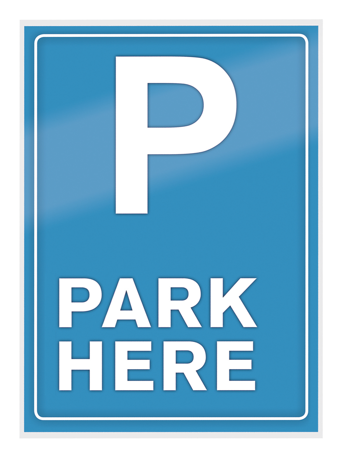 Ein blaues Parkschild mit einem weißen 'P' und den Worten 'PARK HERE'. Das Schild ist rechteckig mit weißem Rand.