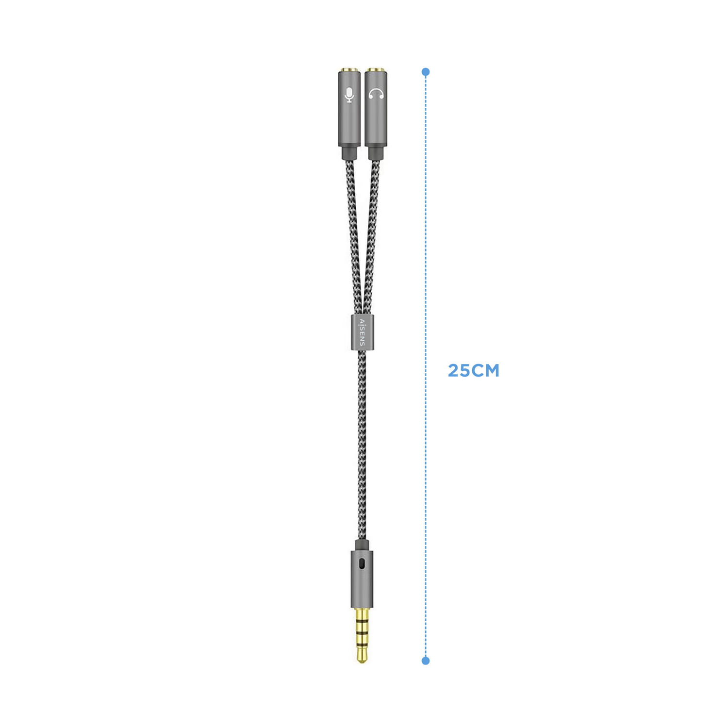 Cavo splitter audio grigio e nero. Ha due jack di ingresso nella parte superiore e un singolo jack maschio nella parte inferiore. Viene mostrata una misura di 25 cm.
