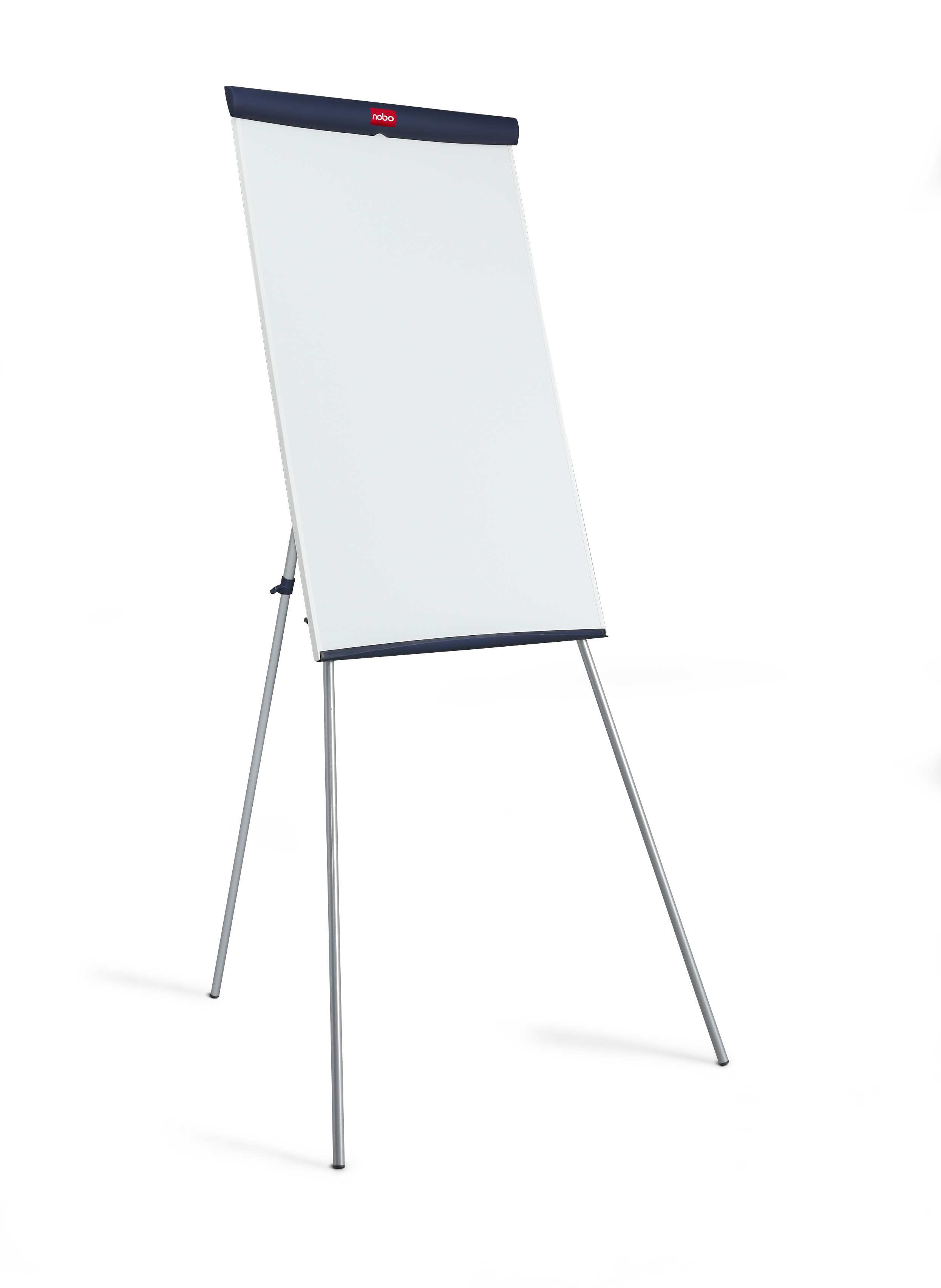 Eine weiße Flipchart auf einem silbernen Stativ, mit blauem Oberteil und dem Markennamen 'nobo'.