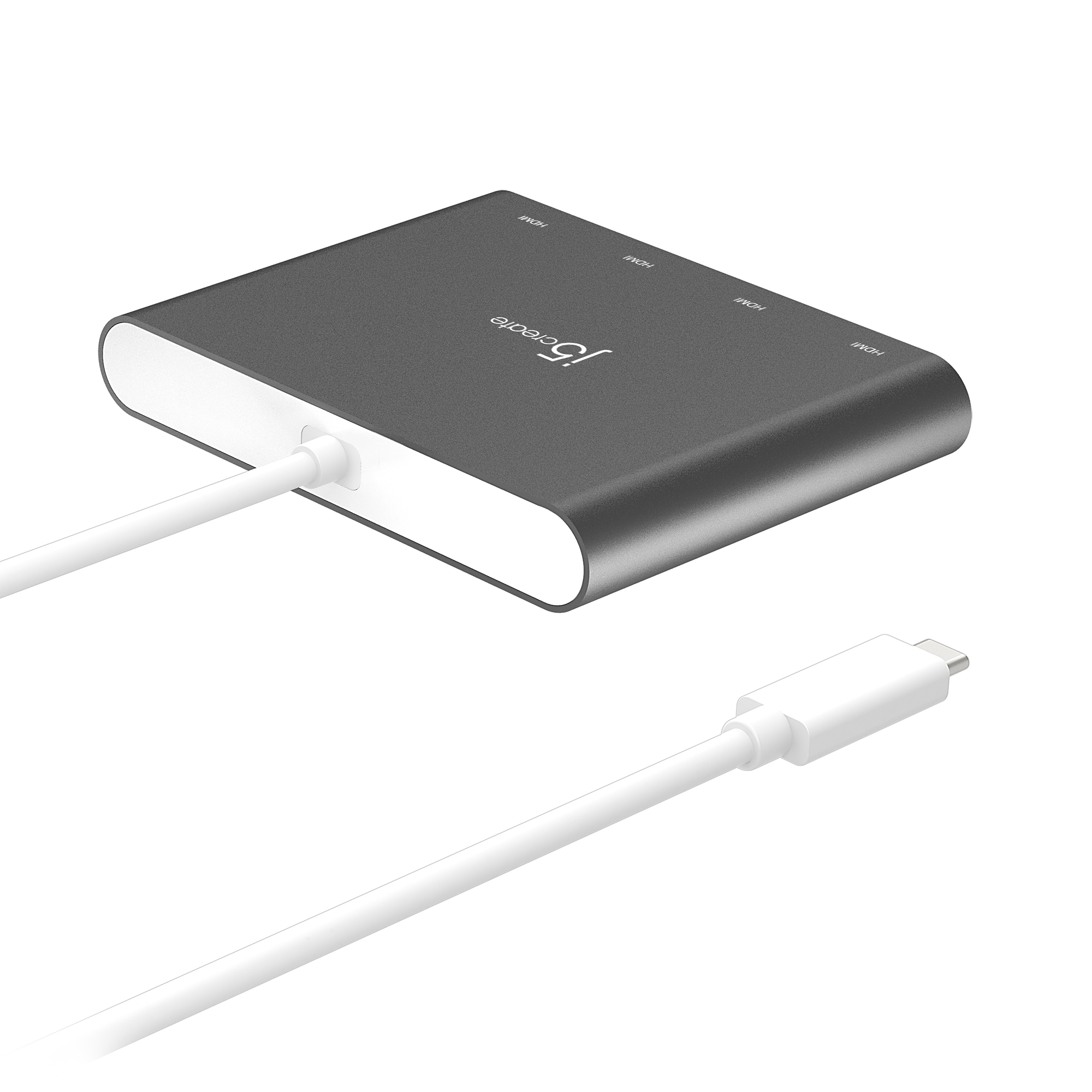 Ein grauer HDMI-Hub mit weißem Kabelanschluss und einem USB-C-Kabel. Der Hub hat das j5create-Logo.