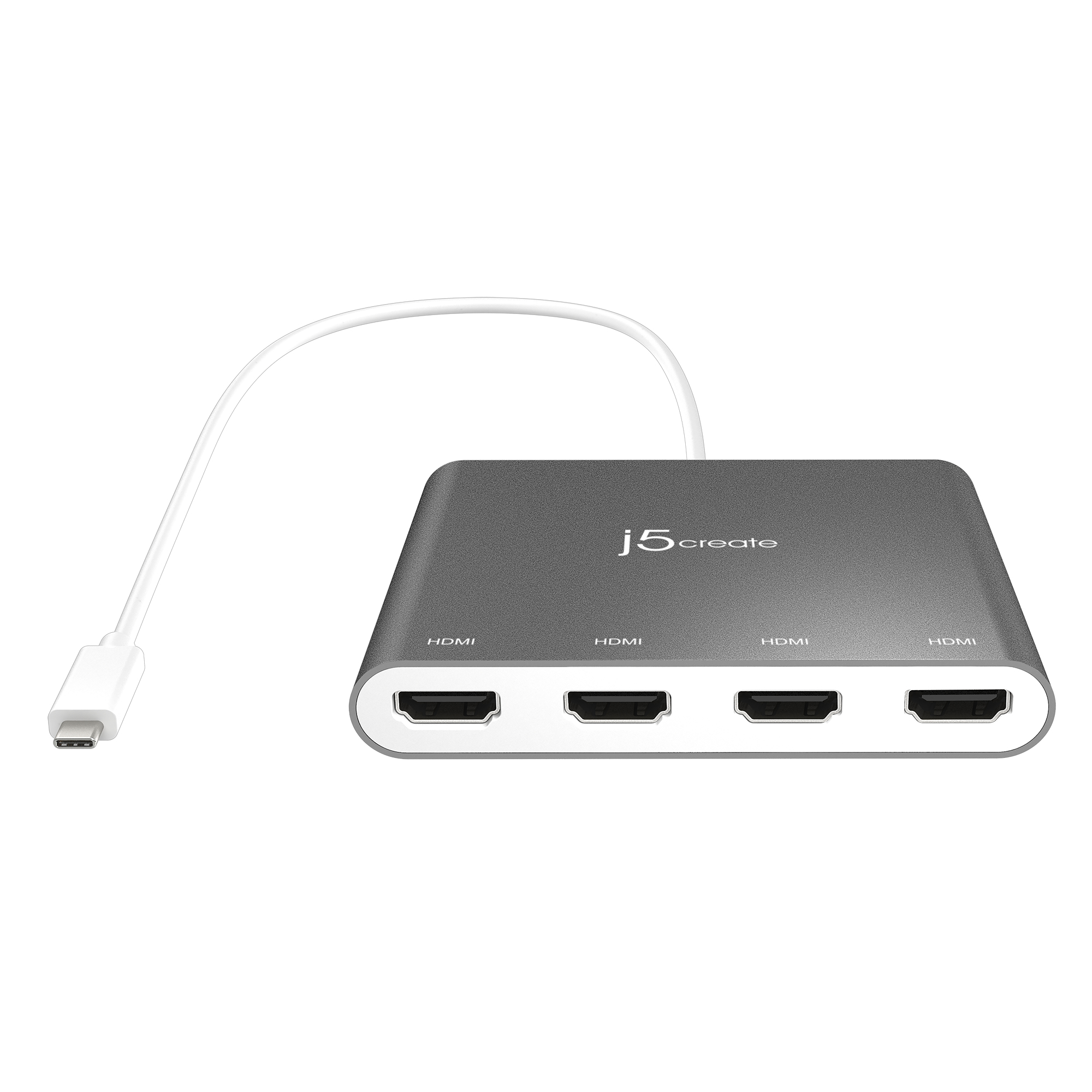 Ein grauer j5create HDMI-Adapter mit vier HDMI-Anschlüssen und einem weißen USB-C-Kabel.
