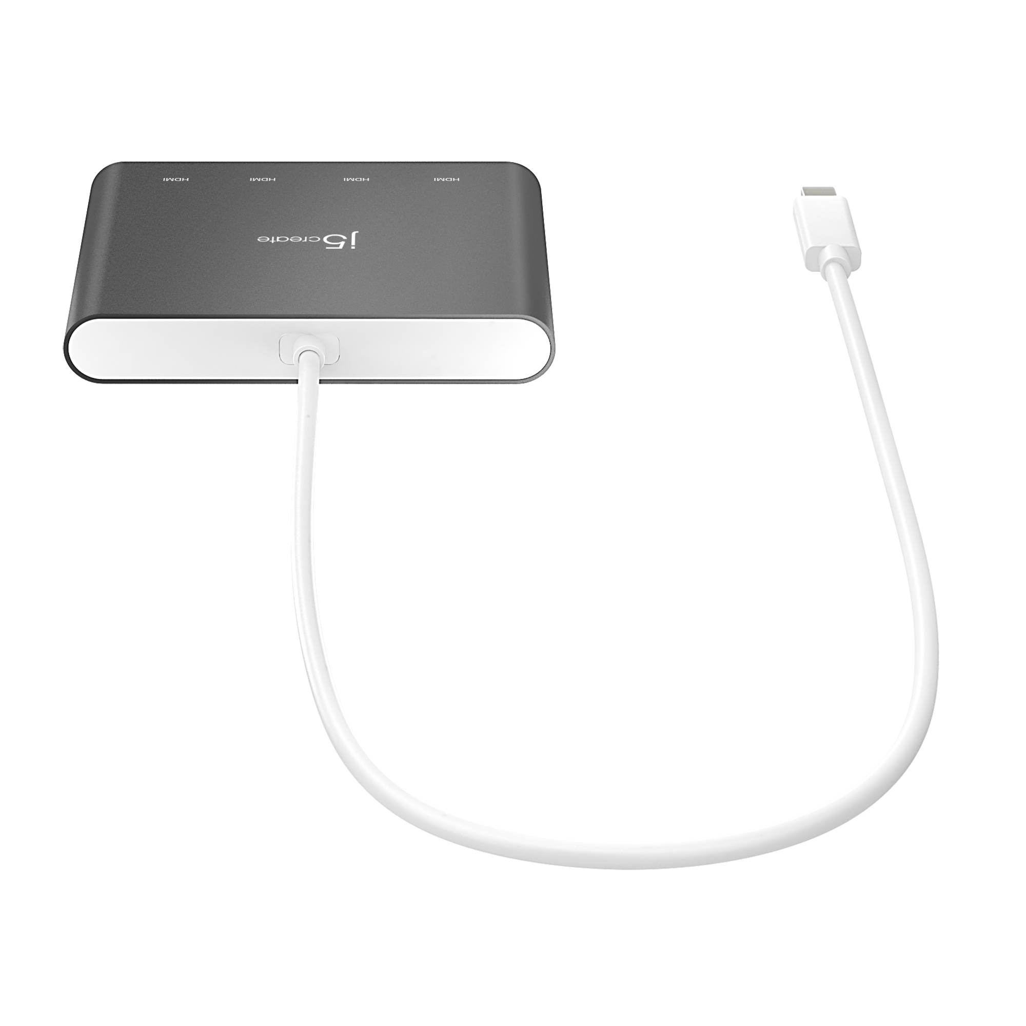 Ein grauer und weißer HDMI-Hub mit einem weißen Kabel. Der Hub hat HDMI-Anschlüsse.