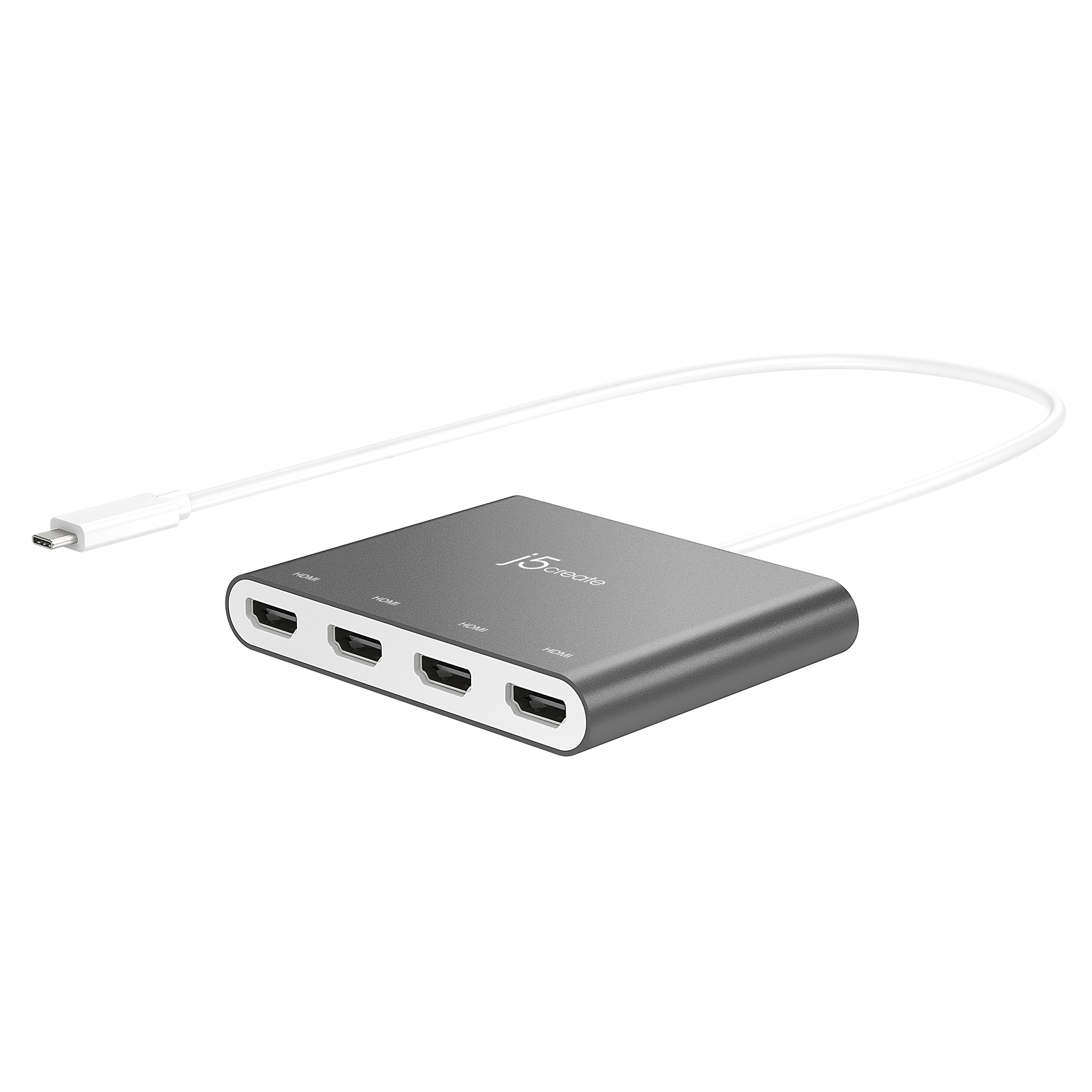 Ein grauer HDMI-Hub mit vier Anschlüssen, einem weißen Kabel und einem USB-C-Anschluss. Der Markenname 'j5create' ist sichtbar.