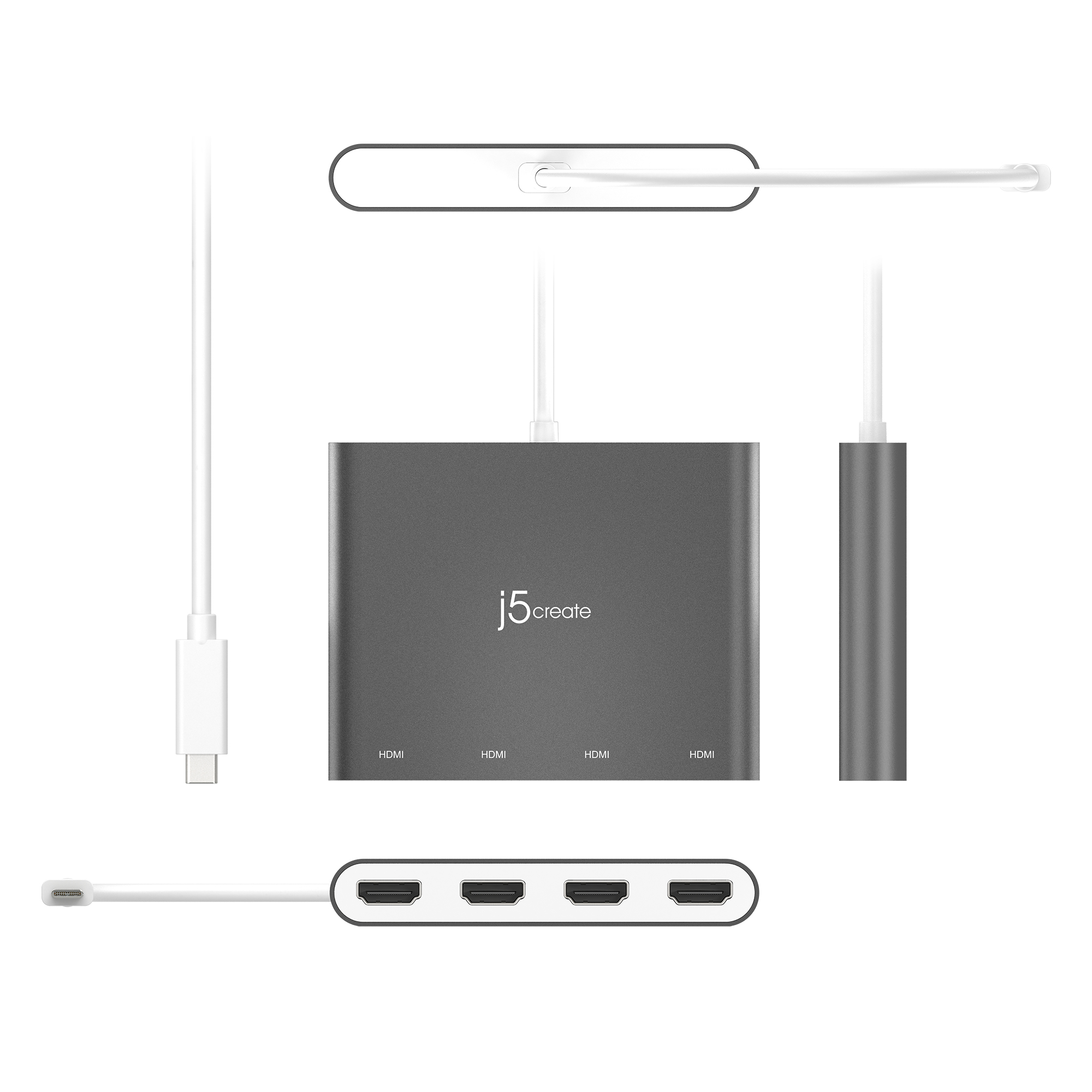 Ein grauer USB-C-Hub mit HDMI-Anschlüssen. Weiße Kabel und Anschlüsse sind am Gerät befestigt.