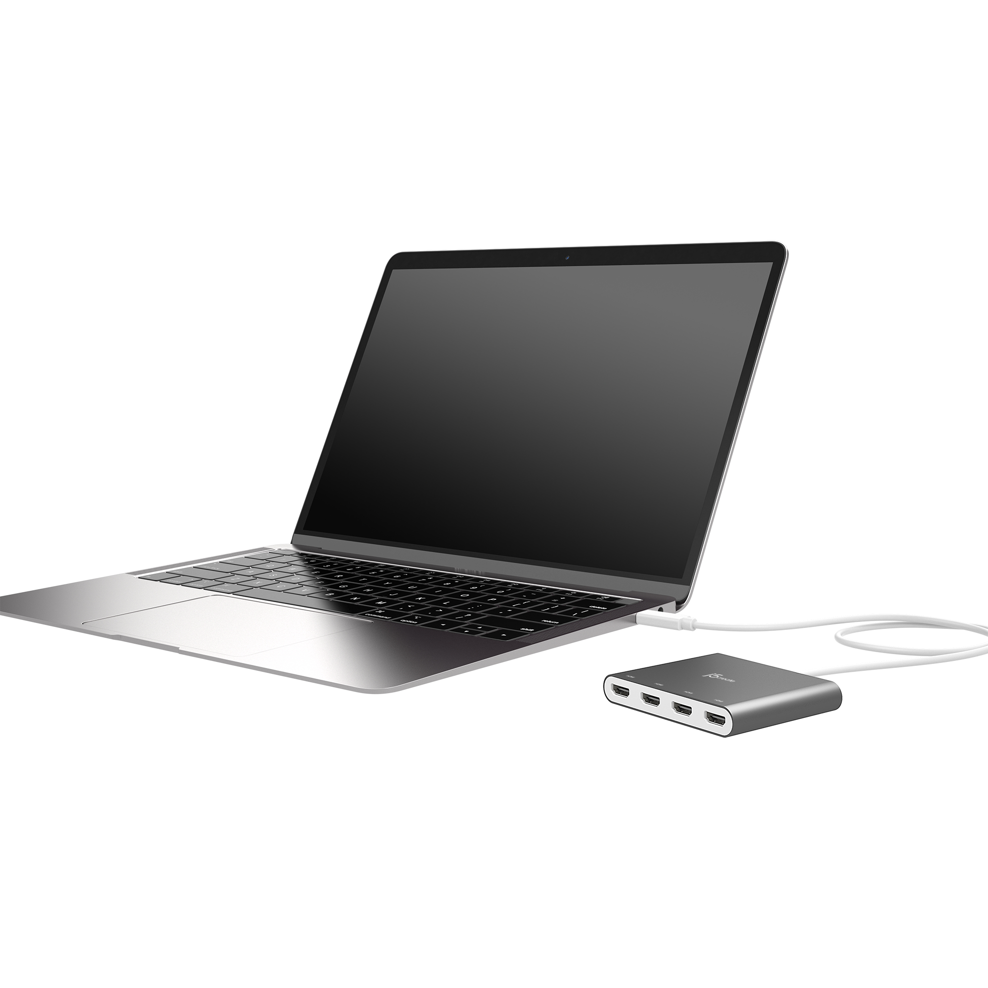 Laptop, verbunden mit einem grauen Hub mit weißem Kabel. Der Laptop ist offen und zeigt Tastatur und Bildschirm. Weißer Hintergrund.