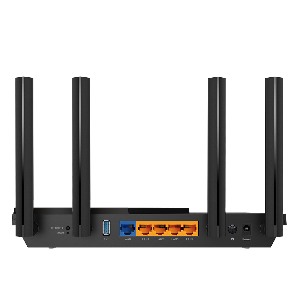 Ein schwarzer Router mit vier Antennen. Er hat Anschlüsse für WAN- und LAN-Verbindungen. Es gibt einen Power-Knopf.