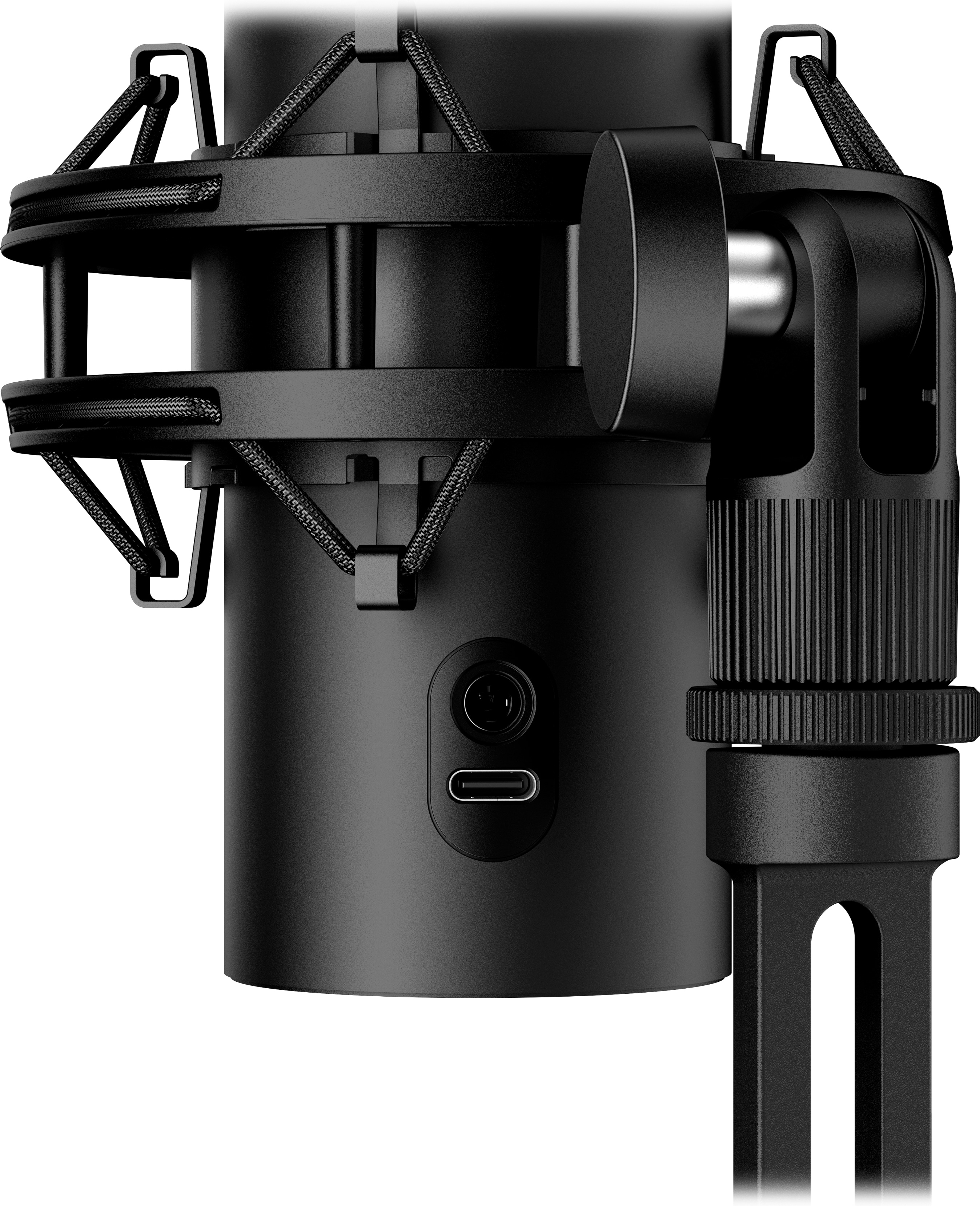 Gros plan sur un microphone noir, avec port USB-C, monté sur un support, isolé sur fond blanc.