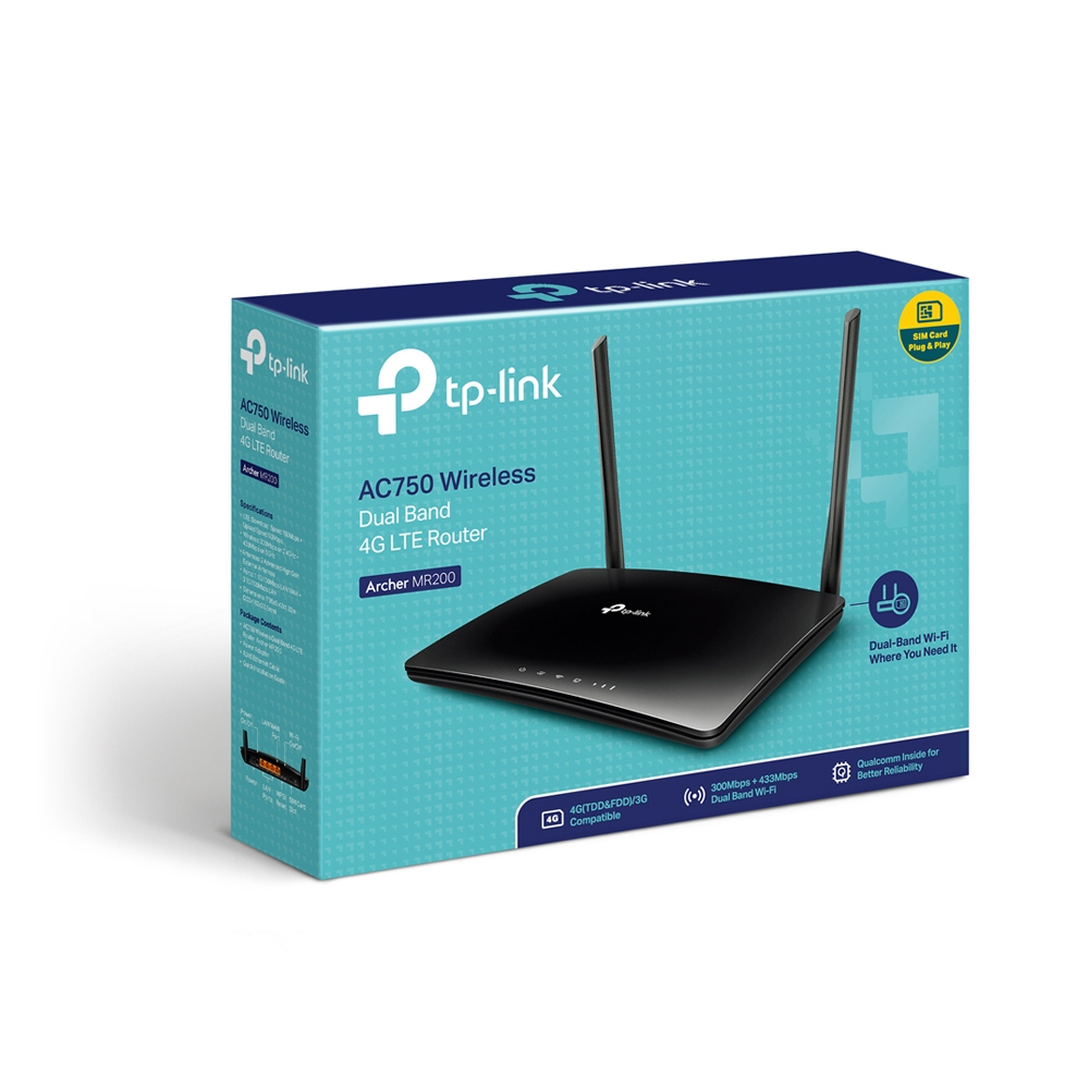 Bir TP-Link AC750 kablosuz çift bant 4G LTE yönlendirici. Siyah, iki antenli, ürün bilgileri içeren turkuaz bir kutuda.