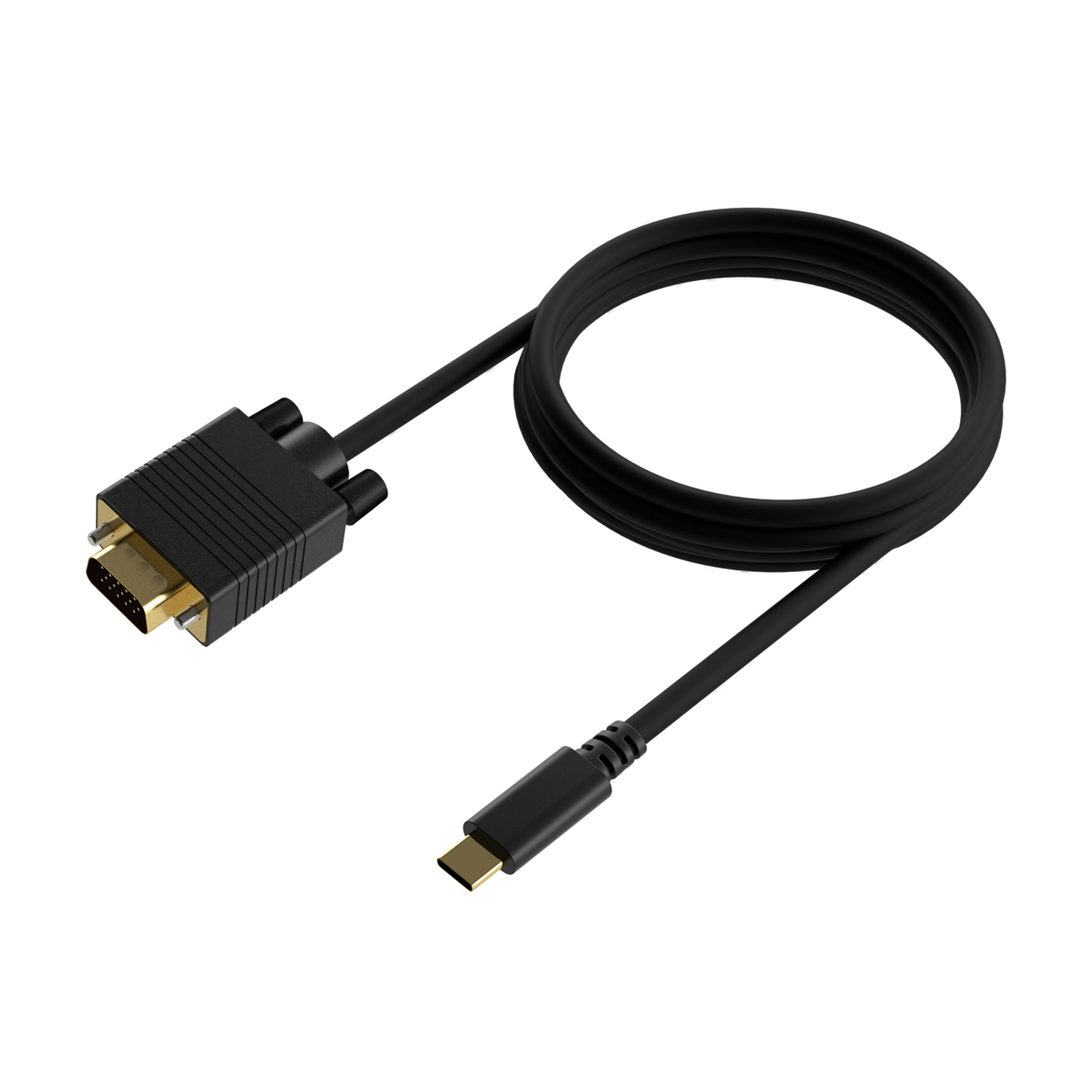 Un cable negro VGA a USB-C sobre un fondo blanco. El conector VGA está a la izquierda, USB-C a la derecha y el cable está enrollado.
