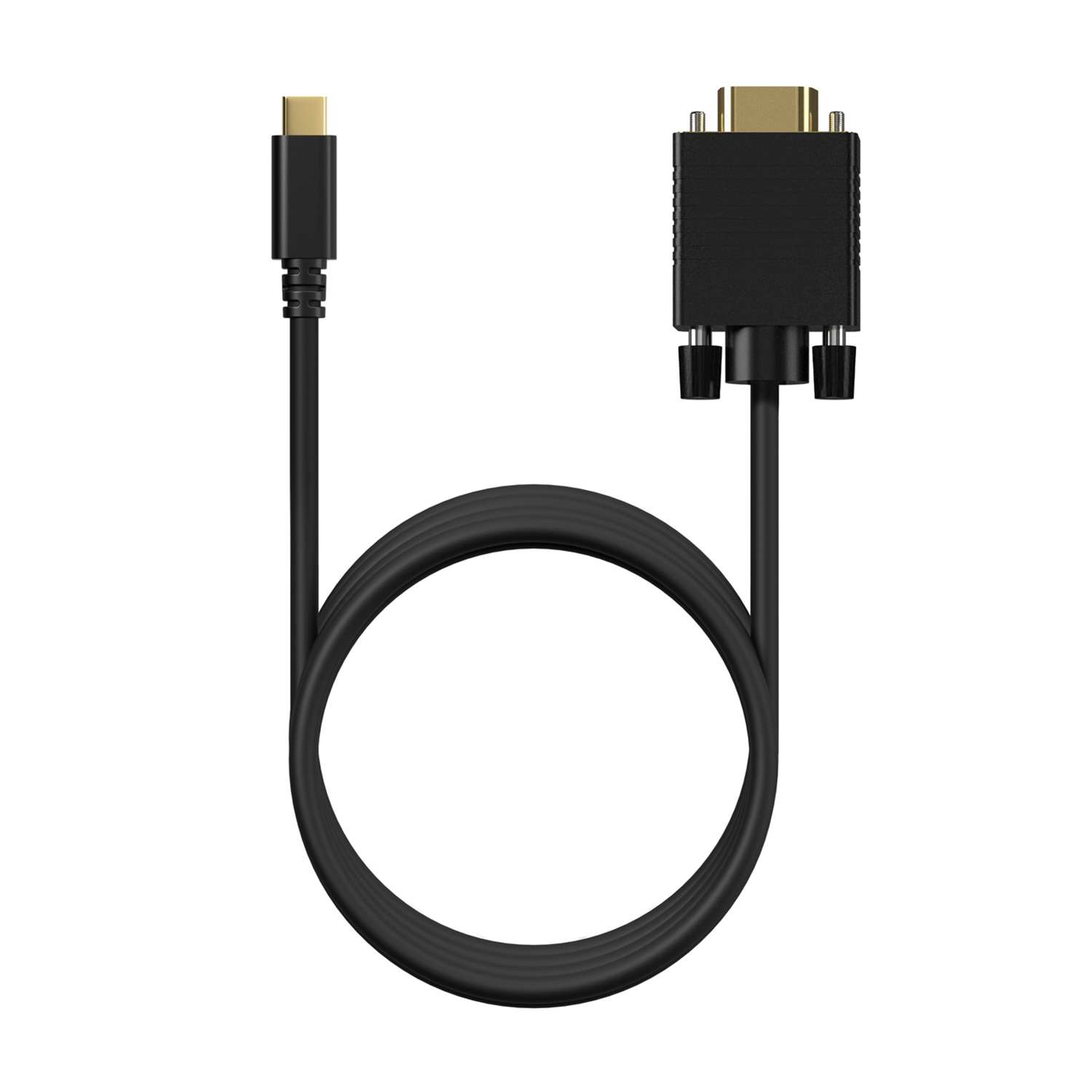 Un cable negro con conector USB-C y VGA. El cable forma una U sobre un fondo blanco.
