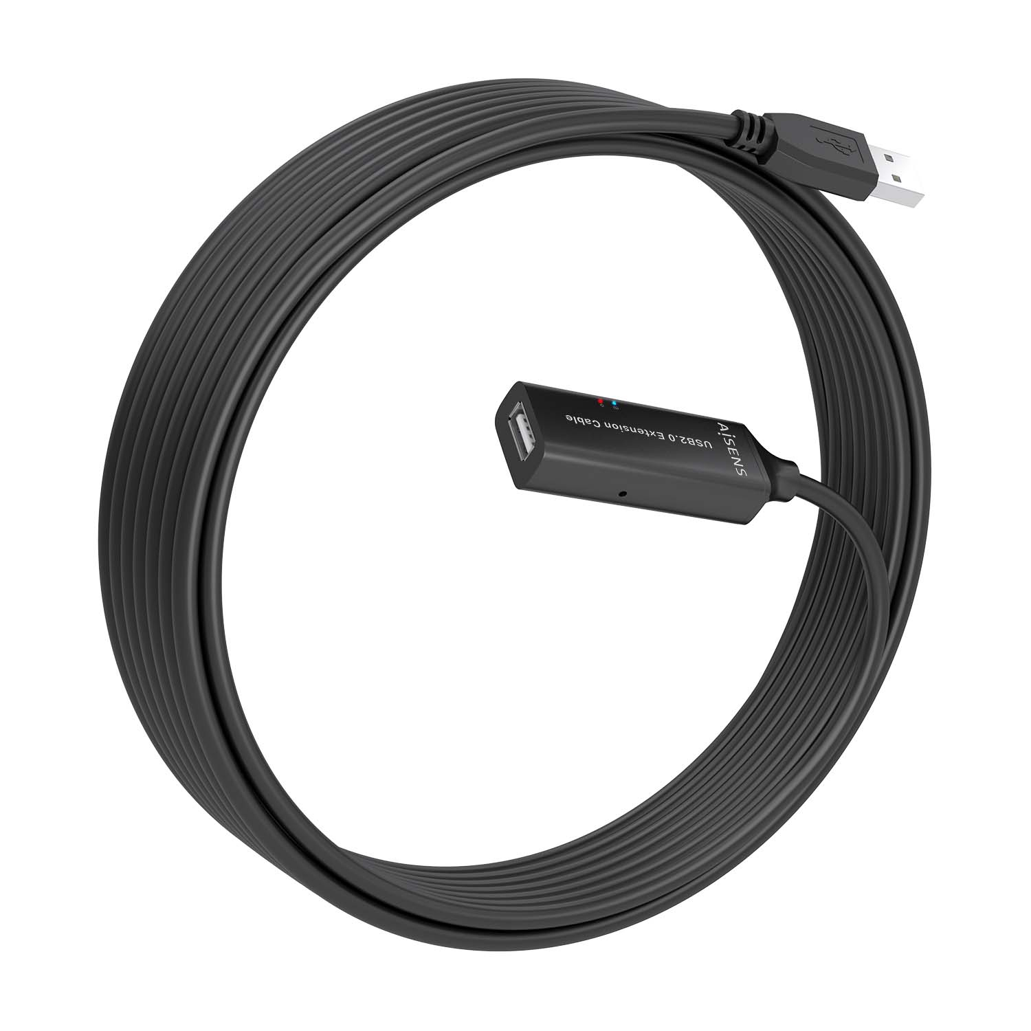 Un cable de extensión USB 2.0 negro enrollado en forma circular. Un extremo tiene un USB macho, el otro un conector hembra.