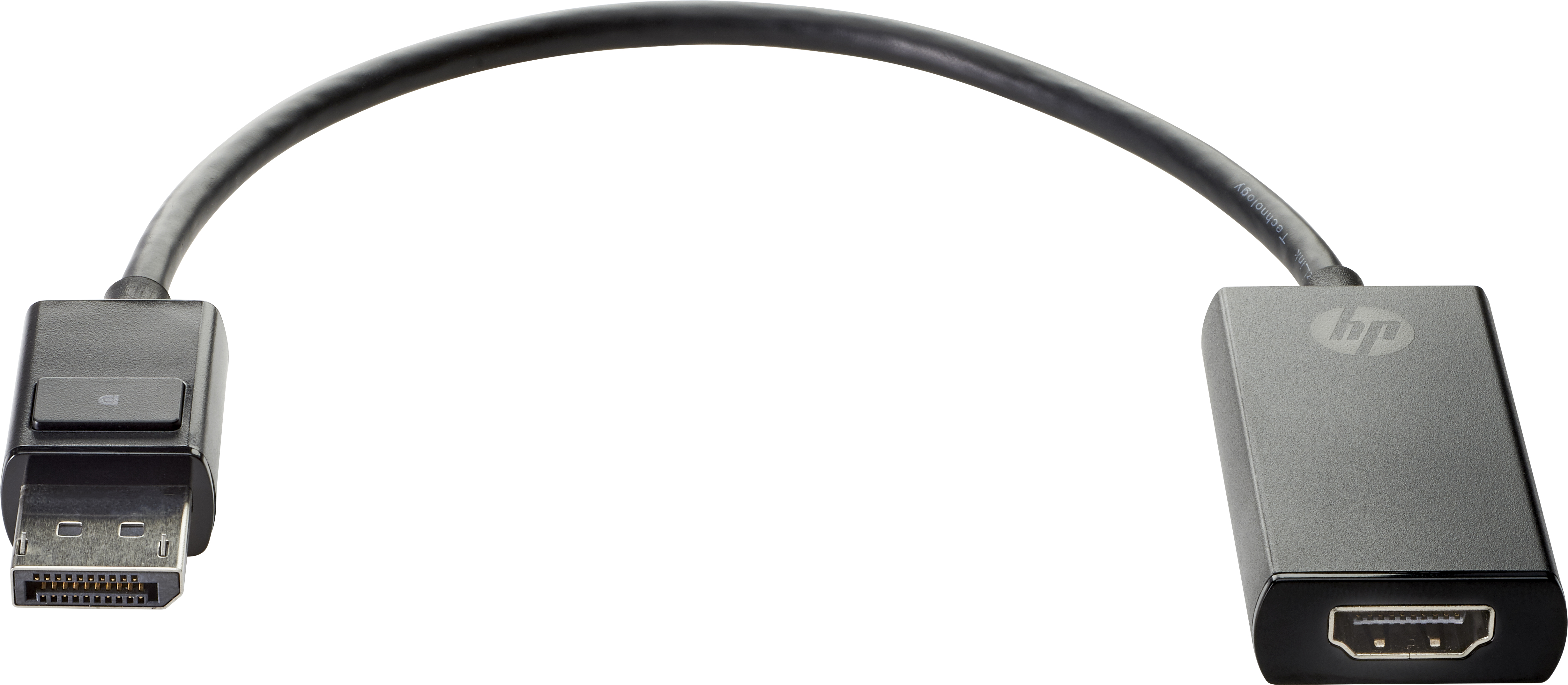 Een zwarte HP adapterkabel met DisplayPort- en HDMI-connectoren. De kabel is gebogen. Witte achtergrond.