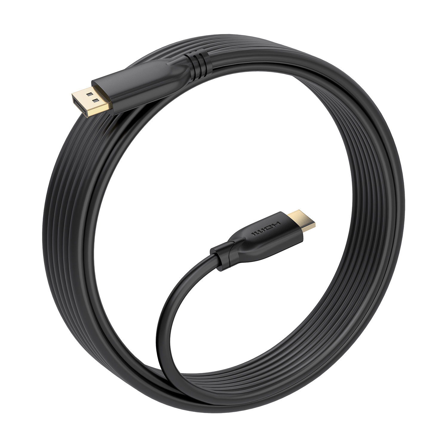 Un cable HDMI negro enrollado con conectores dorados. Un extremo es un conector DisplayPort. El cable está sobre un fondo blanco.
