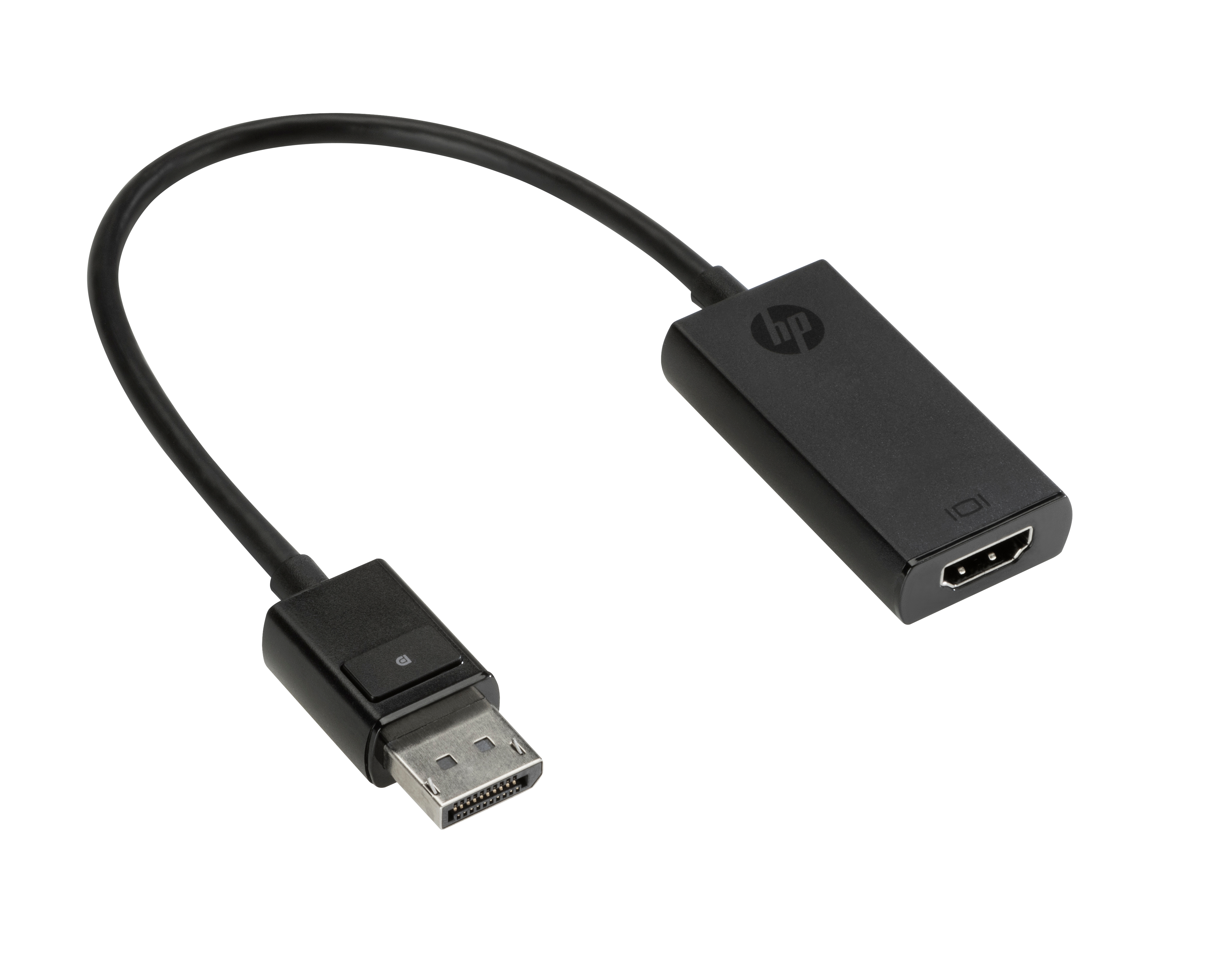 Een zwarte HP DisplayPort naar HDMI adapterkabel. Eén uiteinde heeft een DisplayPort, de andere een HDMI connector.