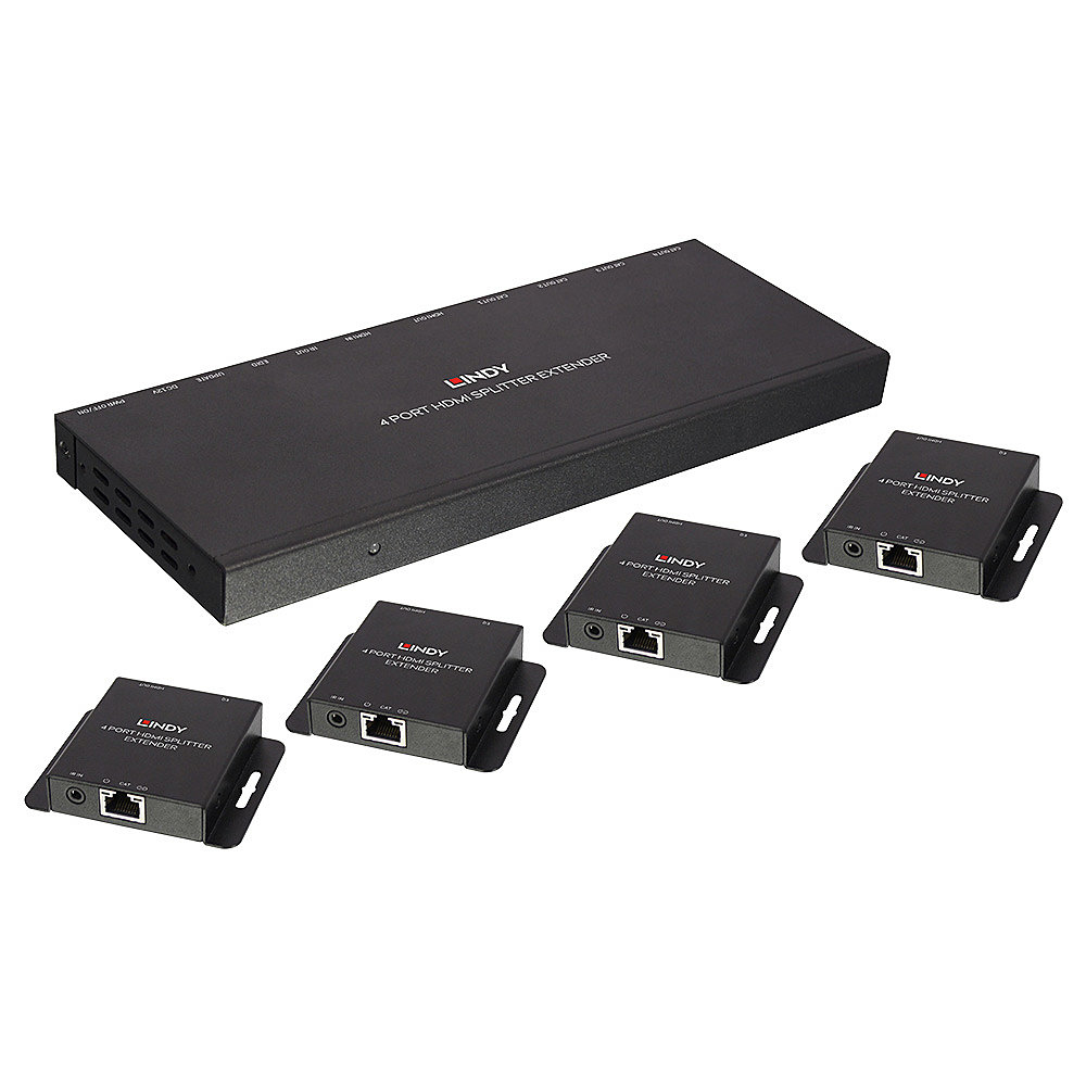 Ein schwarzer LINDY 4-Port HDMI Splitter Extender mit vier kleineren Boxen. Das Produkt befindet sich vor weißem Hintergrund.