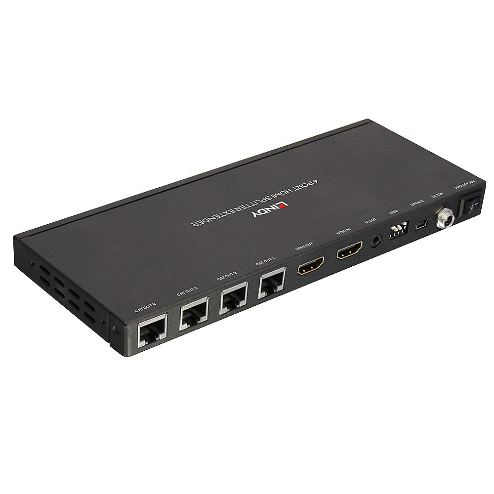 Ein schwarzer Lindy 4-Port-HDMI-Splitter-Extender. Es hat mehrere Anschlüsse mit der Bezeichnung CAT OUT, HDMI OUT und andere. Das Gerät befindet sich auf weißem Hintergrund.