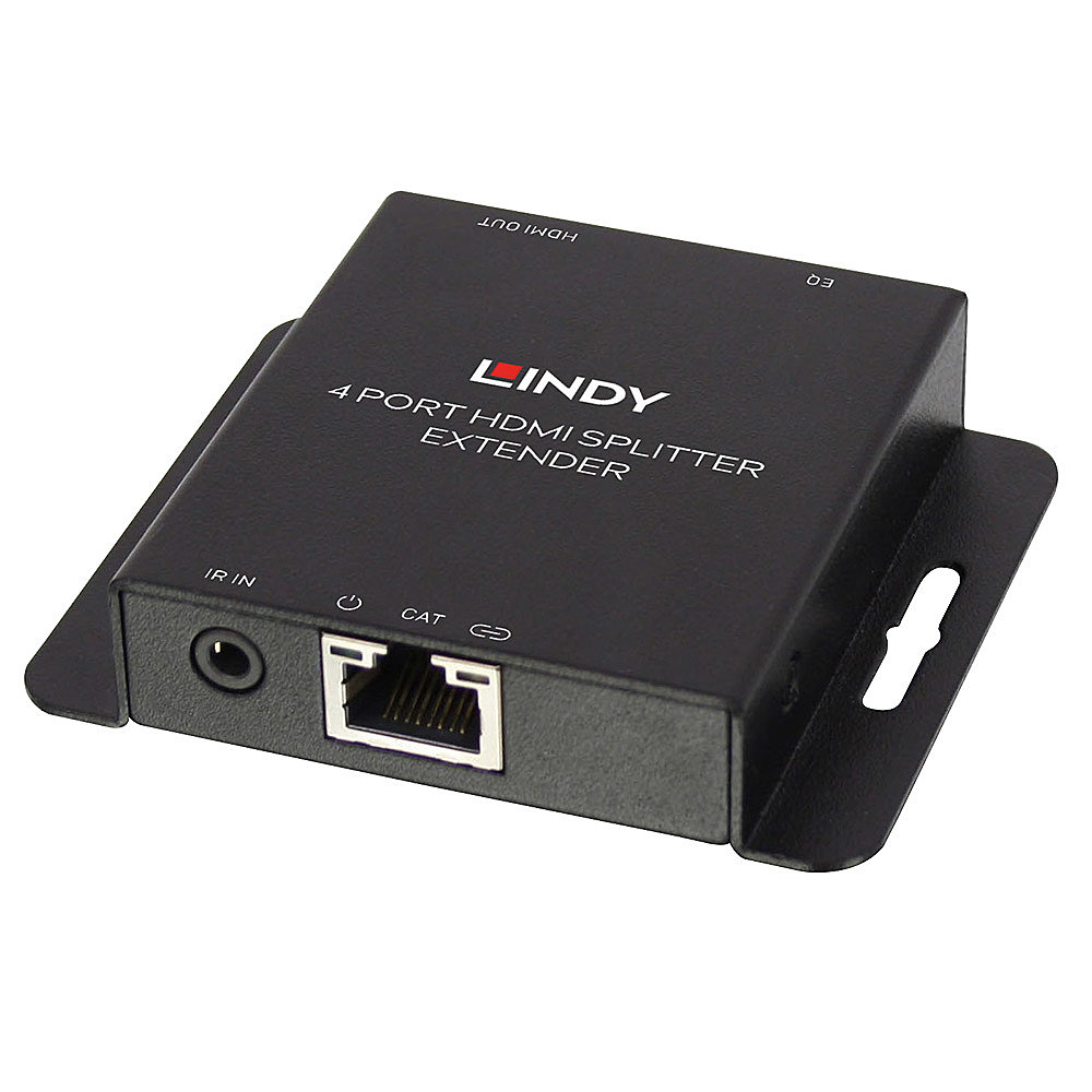 Ein schwarzer Lindy 4-Port-HDMI-Splitter-Extender. Er hat mehrere Anschlüsse und Beschriftungen, darunter HDMI OUT, IR IN, CAT und EQ.