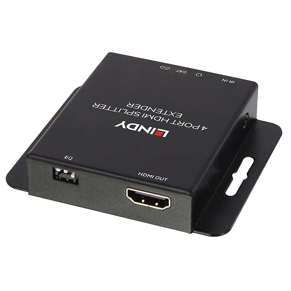 Ein schwarzer Lindy 4-Port-HDMI-Splitter-Extender. Er hat einen HDMI-Ausgang und andere Anschlüsse. Das Gerät befindet sich auf einer schwarzen Metallhalterung.