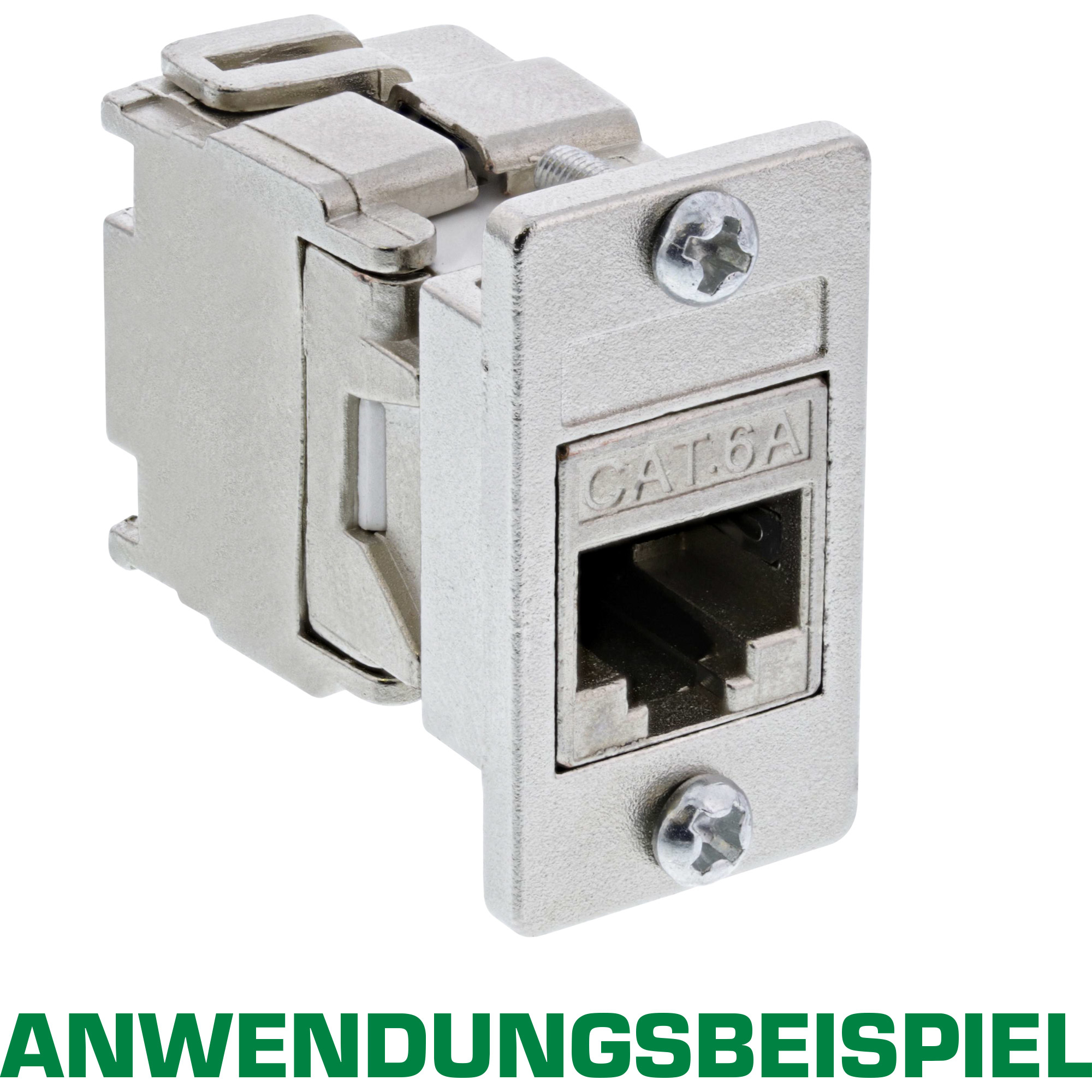 Ein silberner CAT 6A RJ45-Stecker. Unten steht der Text 'ANWENDUNGSBEISPIEL'.