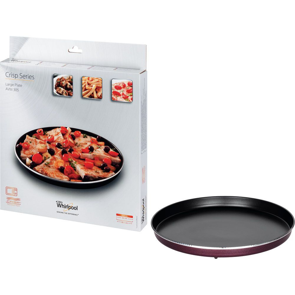 Un piatto grande Whirlpool serie Crisp AVM 305 con una scatola che mostra immagini di cibo. Un piatto vuoto è a destra.