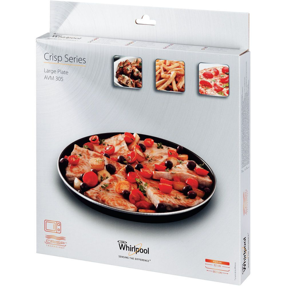 Una scatola Whirlpool Crisp Series. Vengono mostrate immagini di cibo come pizza, patatine fritte e un piatto con pomodori. La scatola ha dettagli sulle dimensioni.