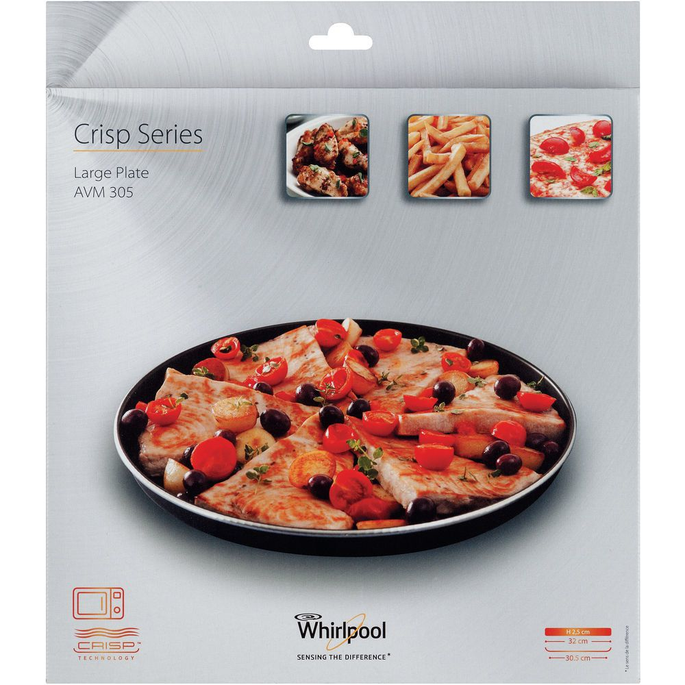 Un piatto grande con carne cotta, pomodori e olive. Sopra ci sono immagini di pollo, patatine fritte e pizza. Il marchio Whirlpool è visibile.