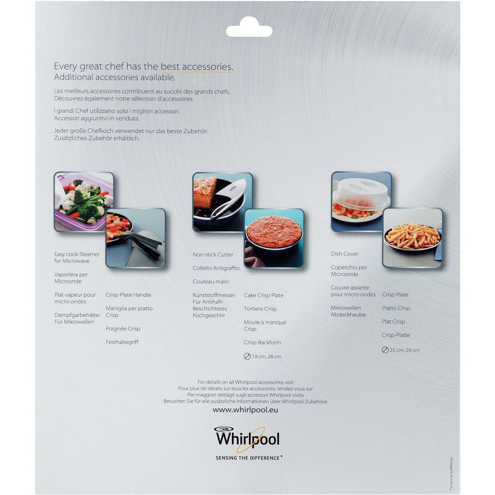 Annuncio Whirlpool con accessori da cucina: vaporiera, taglierina antiaderente, piatto per torte e coperchio.