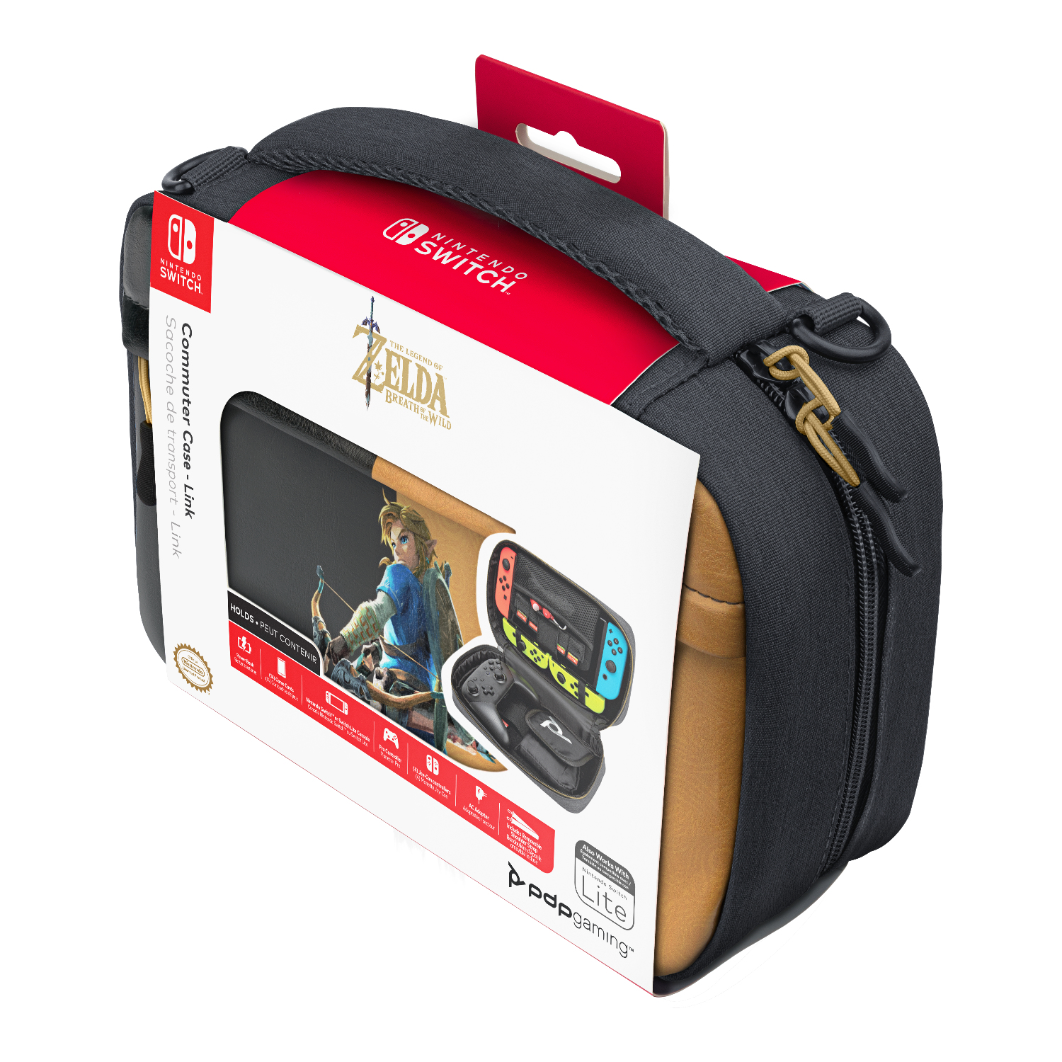 Etui do przenoszenia Nintendo Switch. Pudełko jest czerwono-białe z czarną torbą. Etui zawiera grę Zelda.