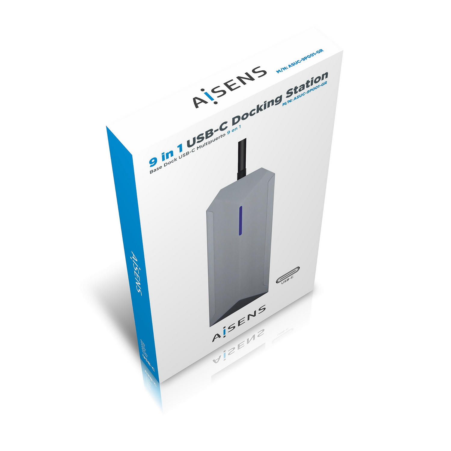 Una caja blanca con una estación de acoplamiento USB-C. La caja tiene la marca AISENS. La estación de acoplamiento es gris con luz azul.