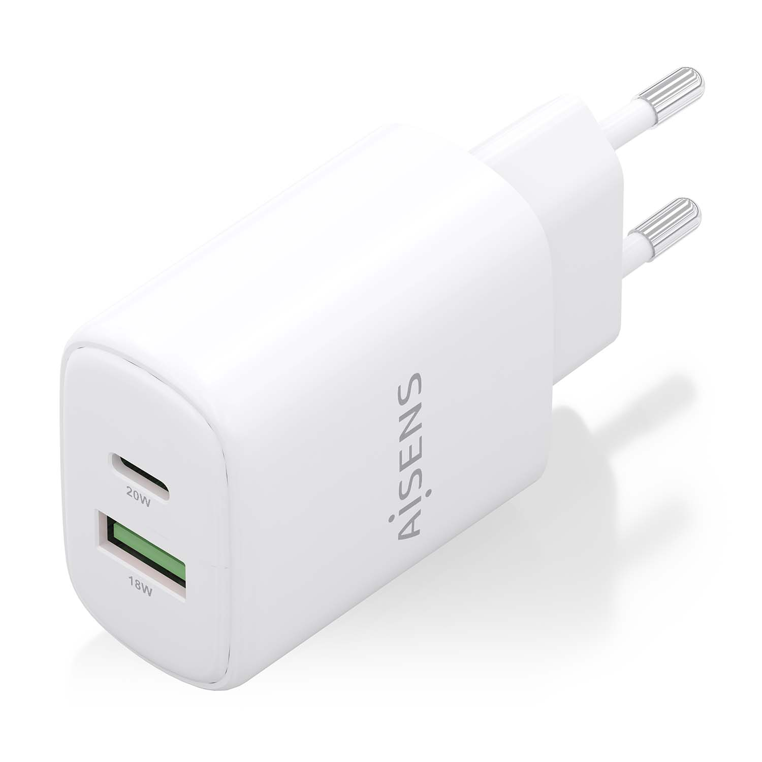 Ein weißes Ladegerät mit zwei Anschlüssen, die mit 20W und 18W gekennzeichnet sind. Der Markenname 'AISENS' ist aufgedruckt.