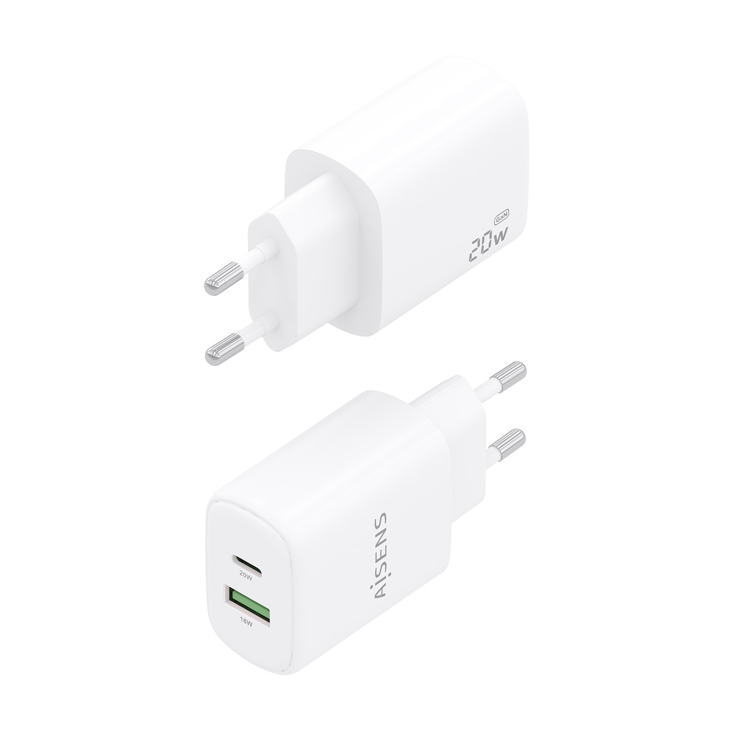 Zwei weiße Netzadapter. Einer hat 20W Text, der andere 20W und 18W. Beide haben silberne Stifte. Die Marke ist 'AISENS'.