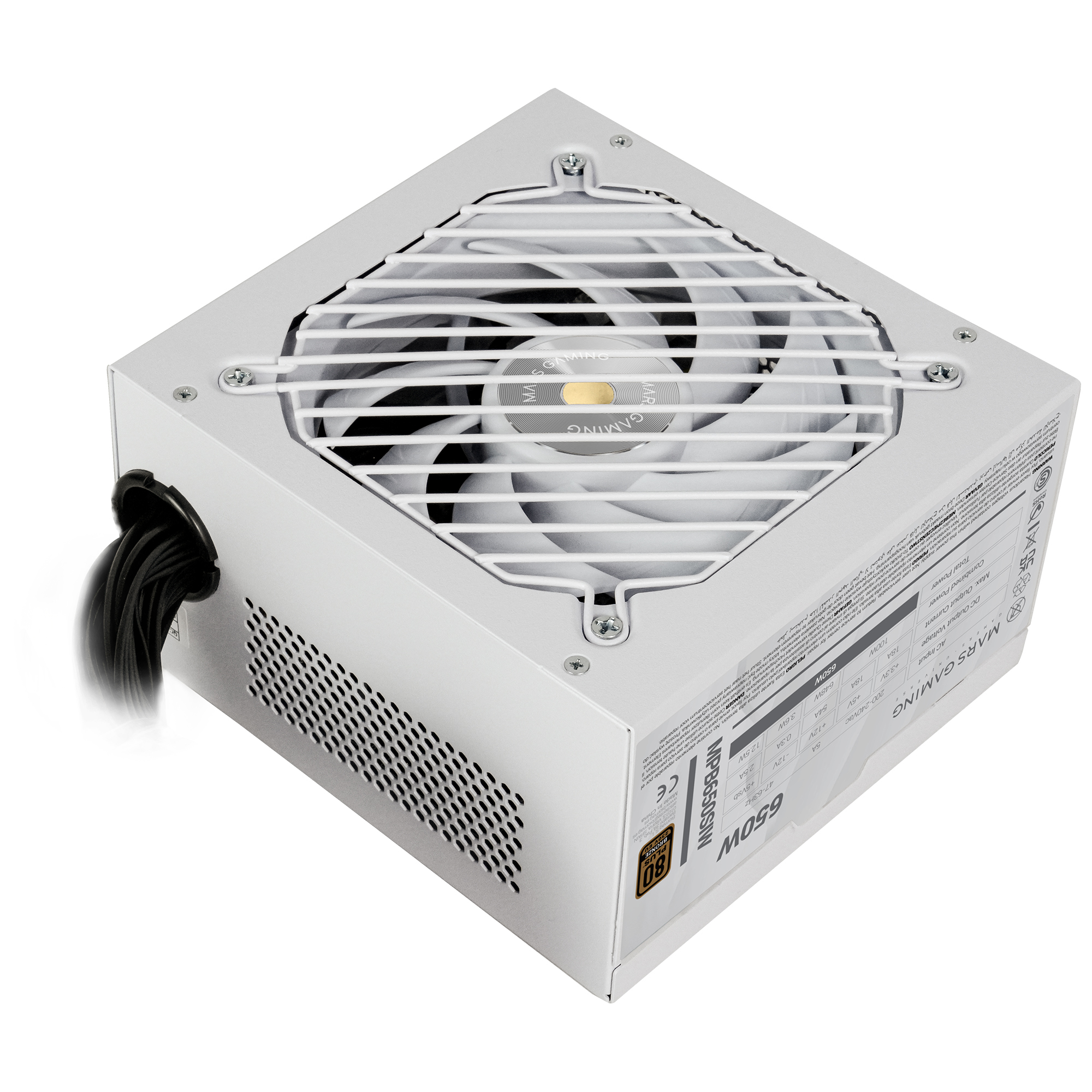 Weißes Mars Gaming 650W Netzteil. Mit Lüfter, schwarzem Kabel und detaillierten Etiketten.