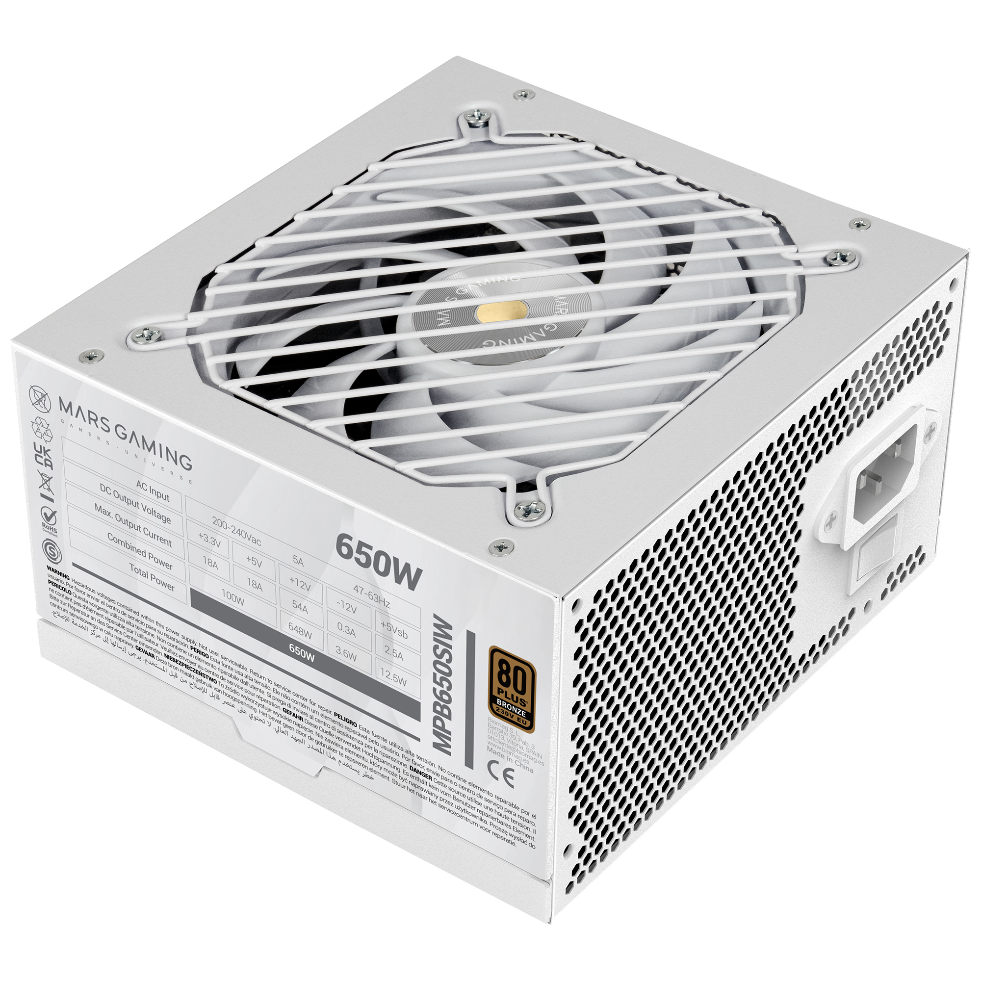 Ein weißes Mars Gaming 650W Netzteil. Es hat einen Lüfter und mehrere Etiketten mit technischen Daten.