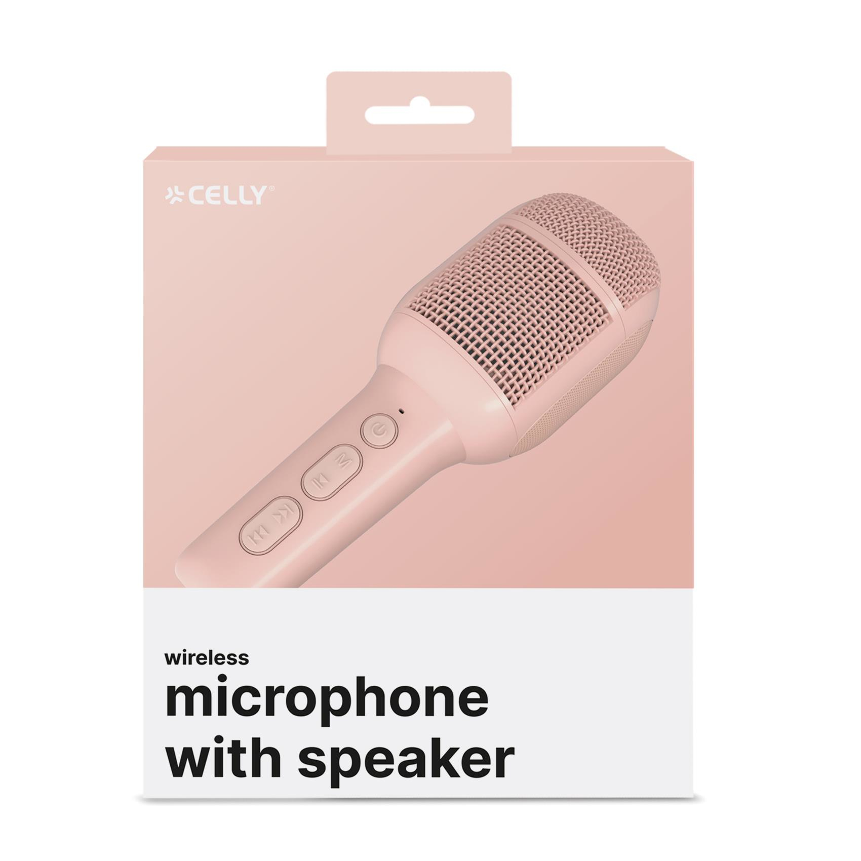 Un micrófono inalámbrico rosa con altavoz en una caja. La marca es Celly.