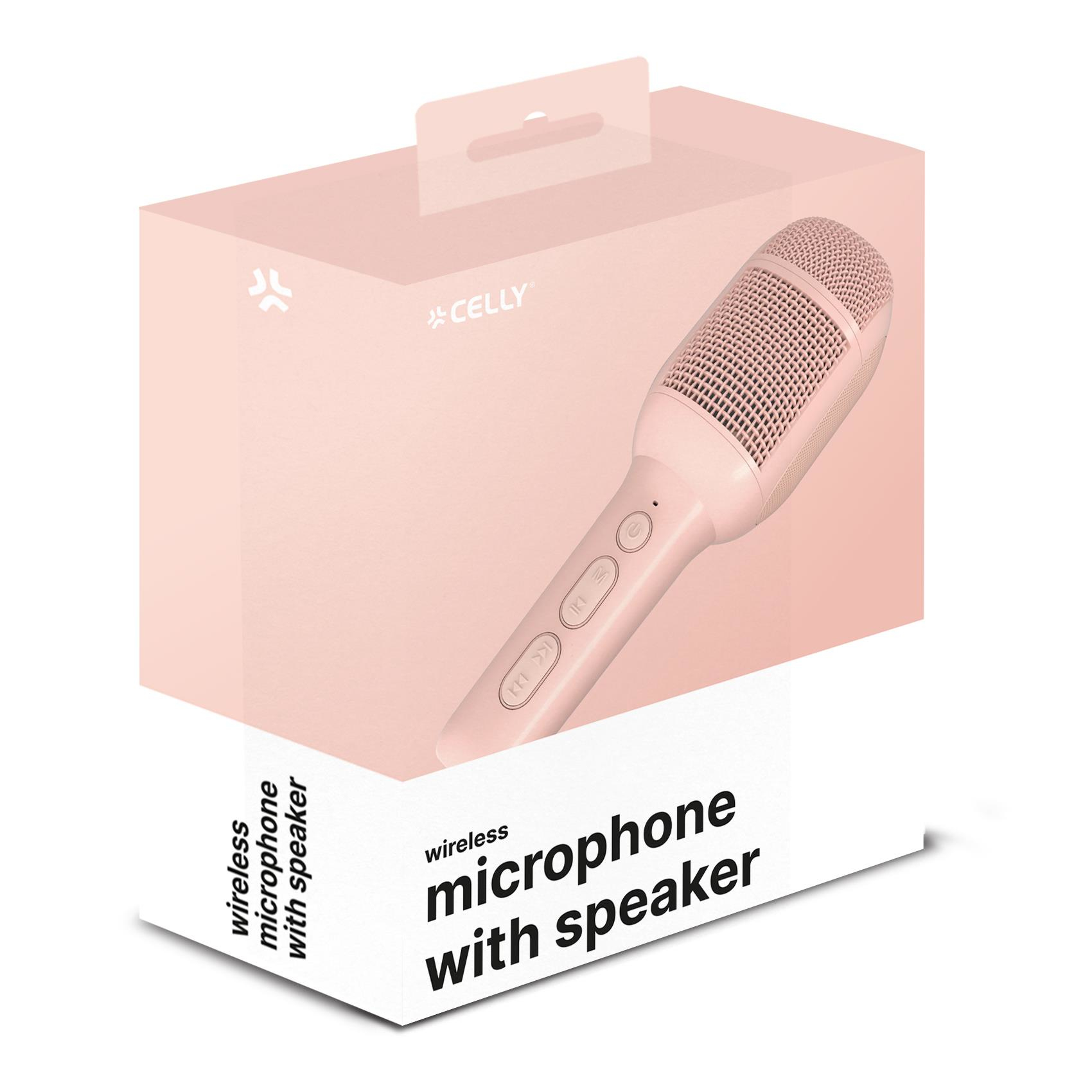 Micrófono inalámbrico rosa con altavoz en una caja rosa. La marca es Celly. La caja tiene texto blanco.