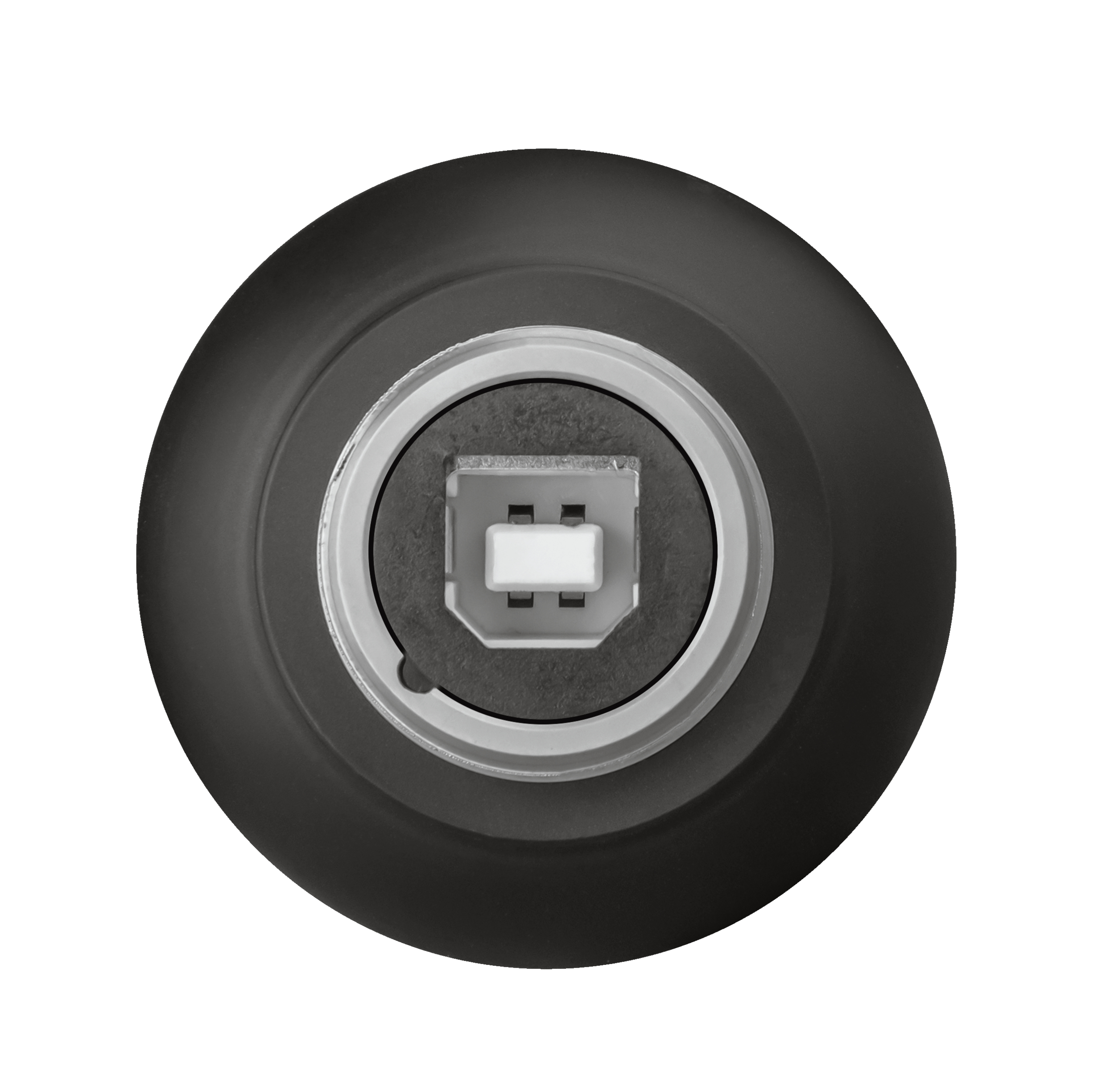 Primer plano de un puerto USB negro. El puerto es redondo, con una inserción rectangular blanca en el centro.