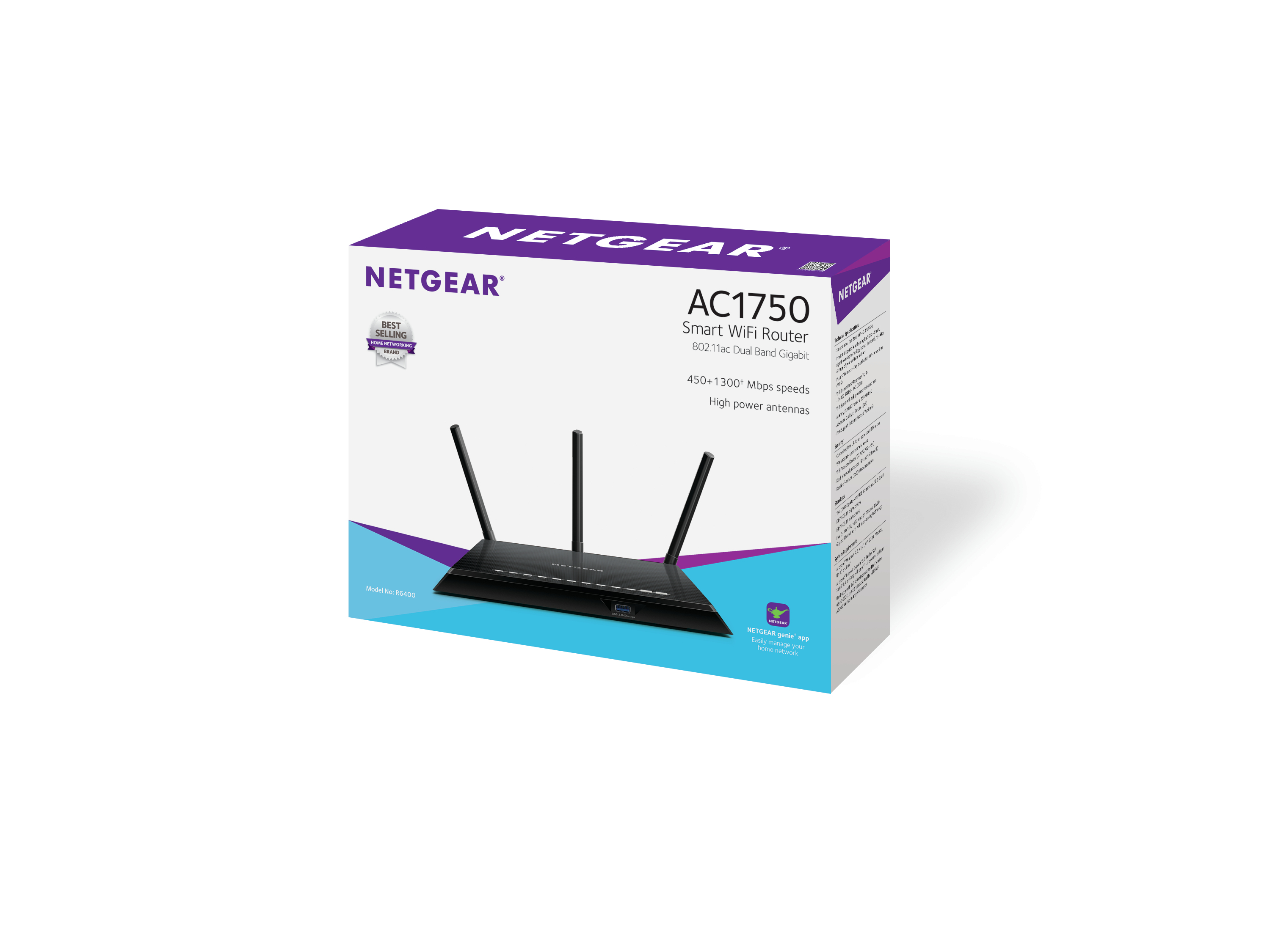 Białe pudełko z routerem NETGEAR. Jest czarny z trzema antenami. Tekst opisuje jego funkcje.
