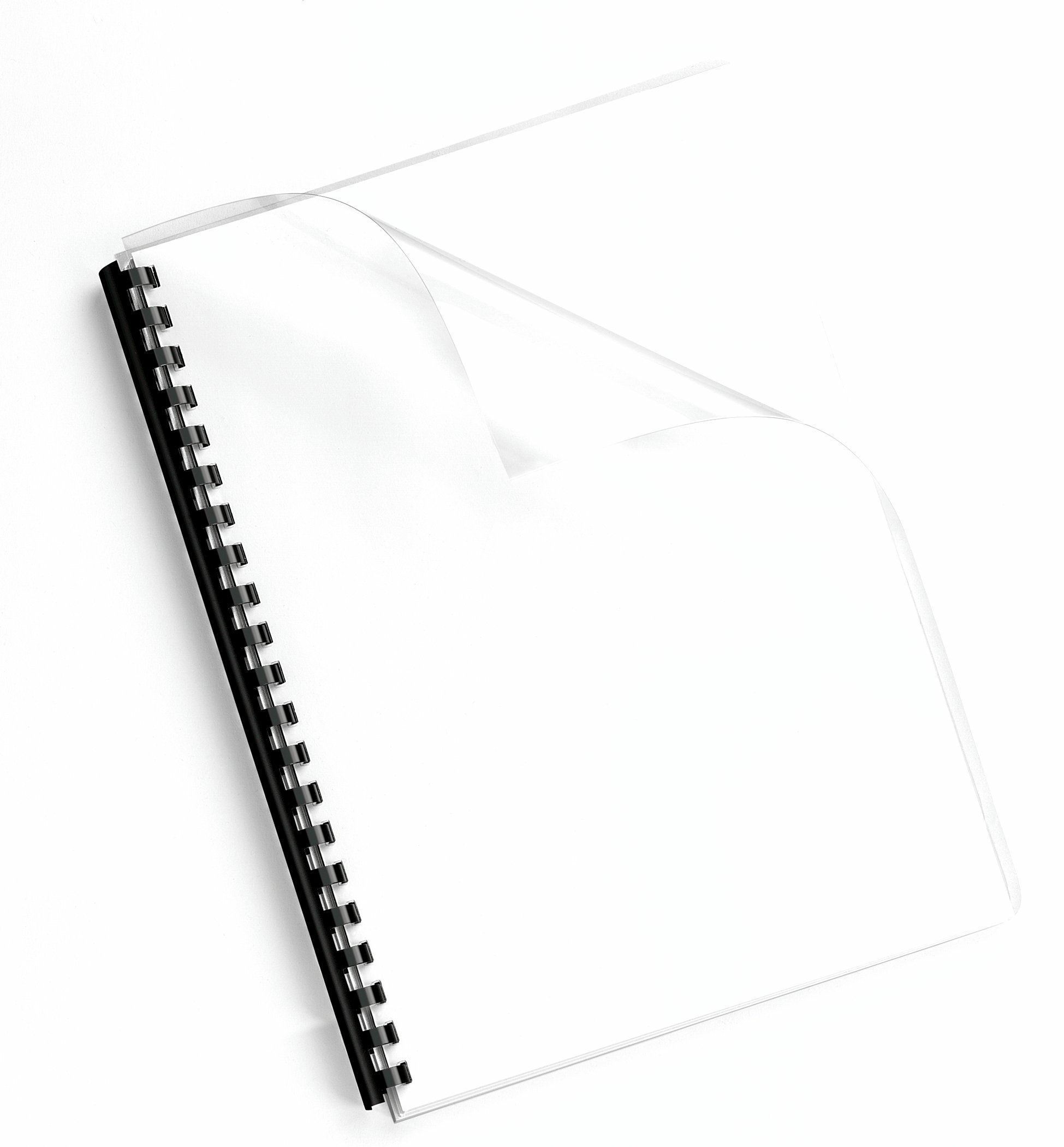 Transparente Kunststoffbindung mit schwarzem Rücken und weißen Papierseiten. Eine Seite ist angehoben.