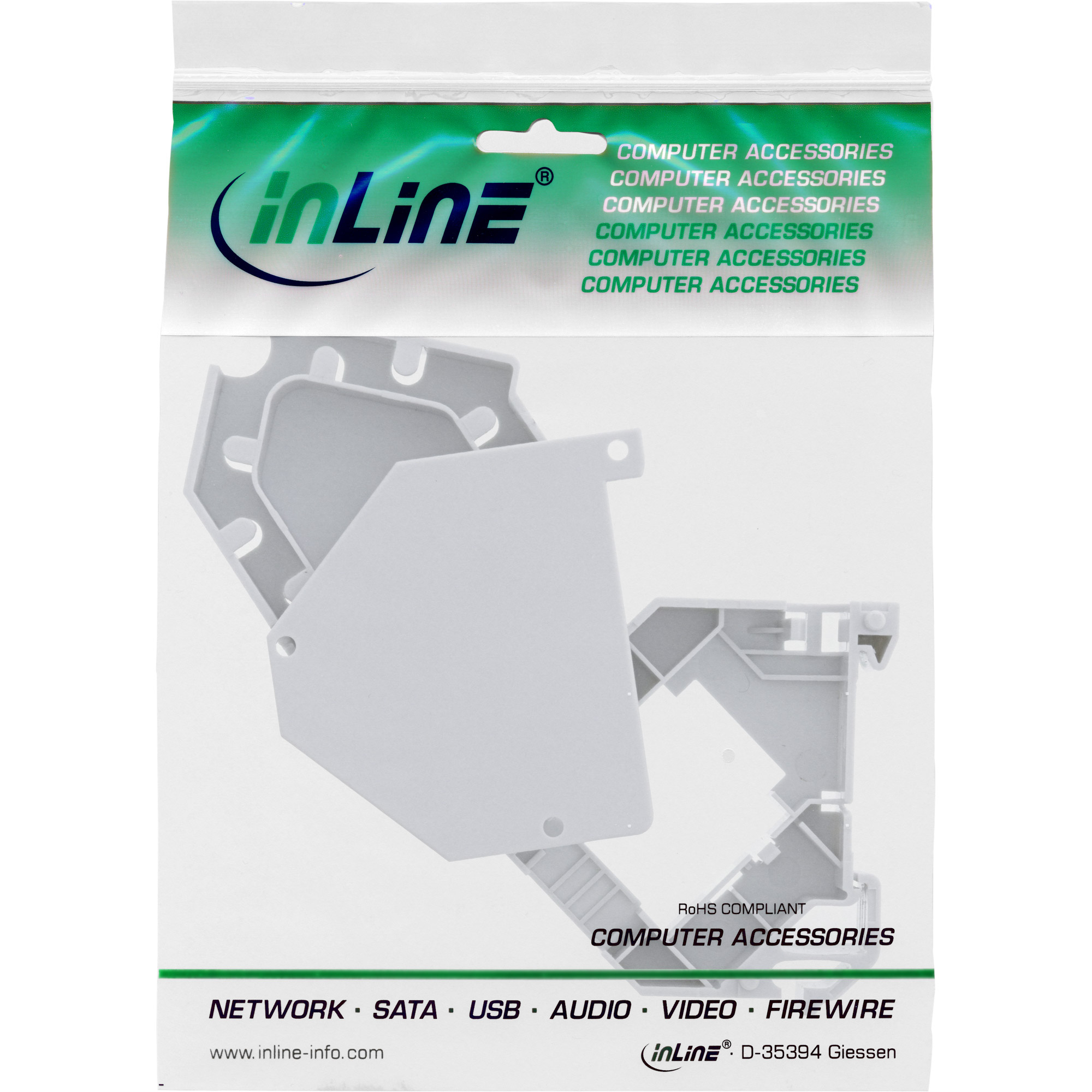 Ein weißes Computerzubehör in einer Plastikverpackung. Die Verpackung hat das 'inLine'-Logo und den Text 'Computerzubehör'.