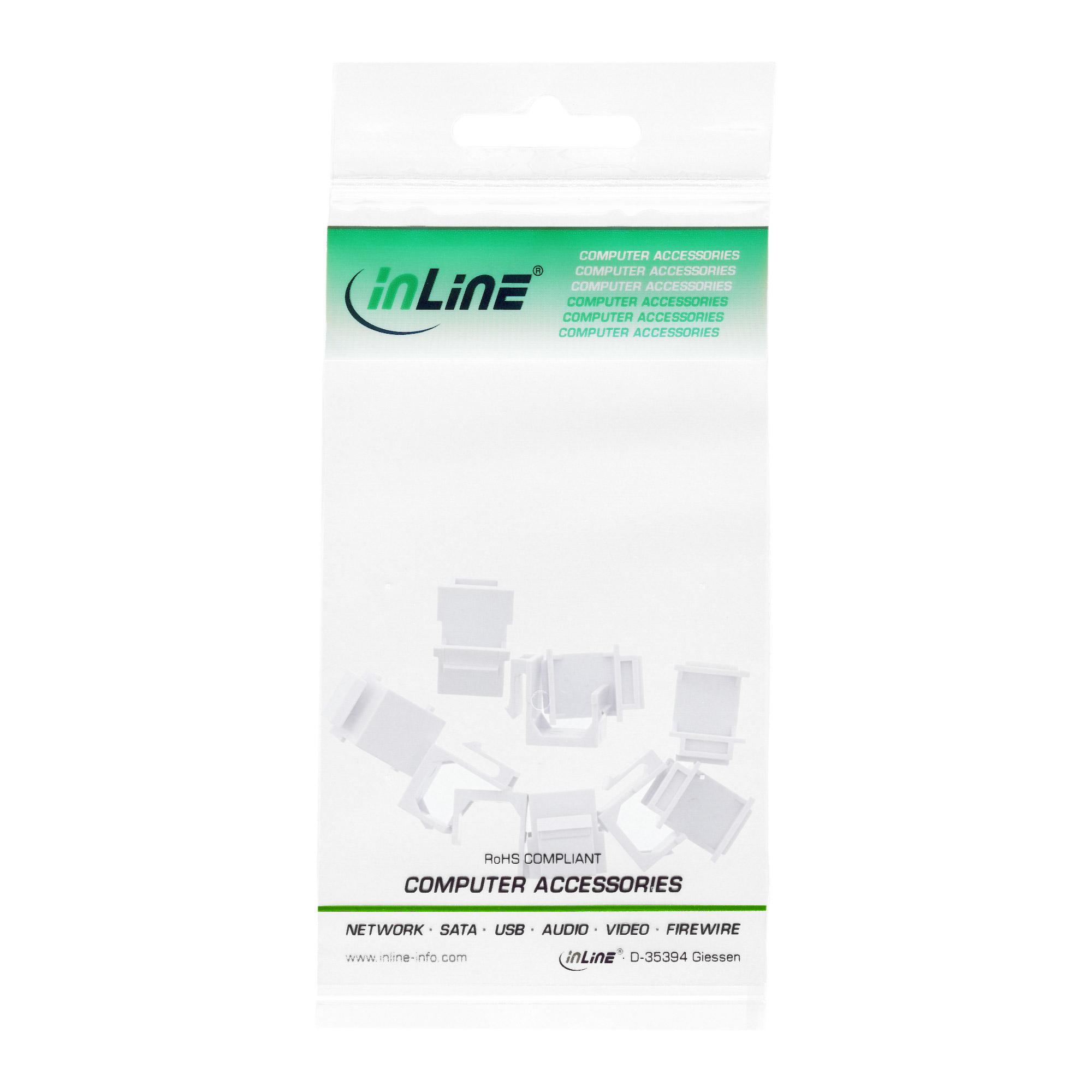 Eine Packung weißer Computerzubehörteile. Die Packung hat das InLine-Logo und Text, der Computerzubehörteile angibt.