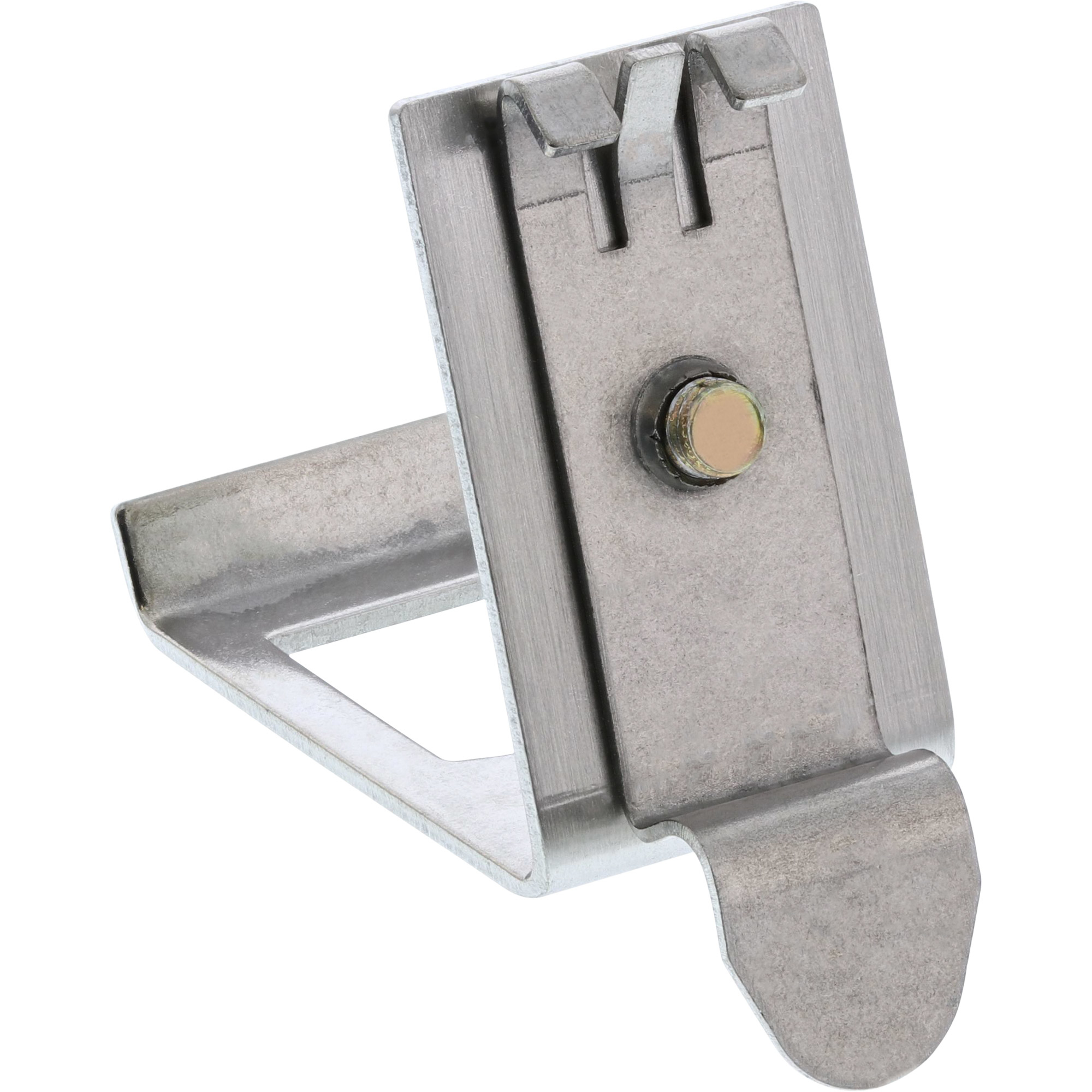 Eine Metallhalterung, abgewinkelt mit geschlitzter Oberseite und abgerundeter Unterseite. Eine Schraube sichert die Teile.