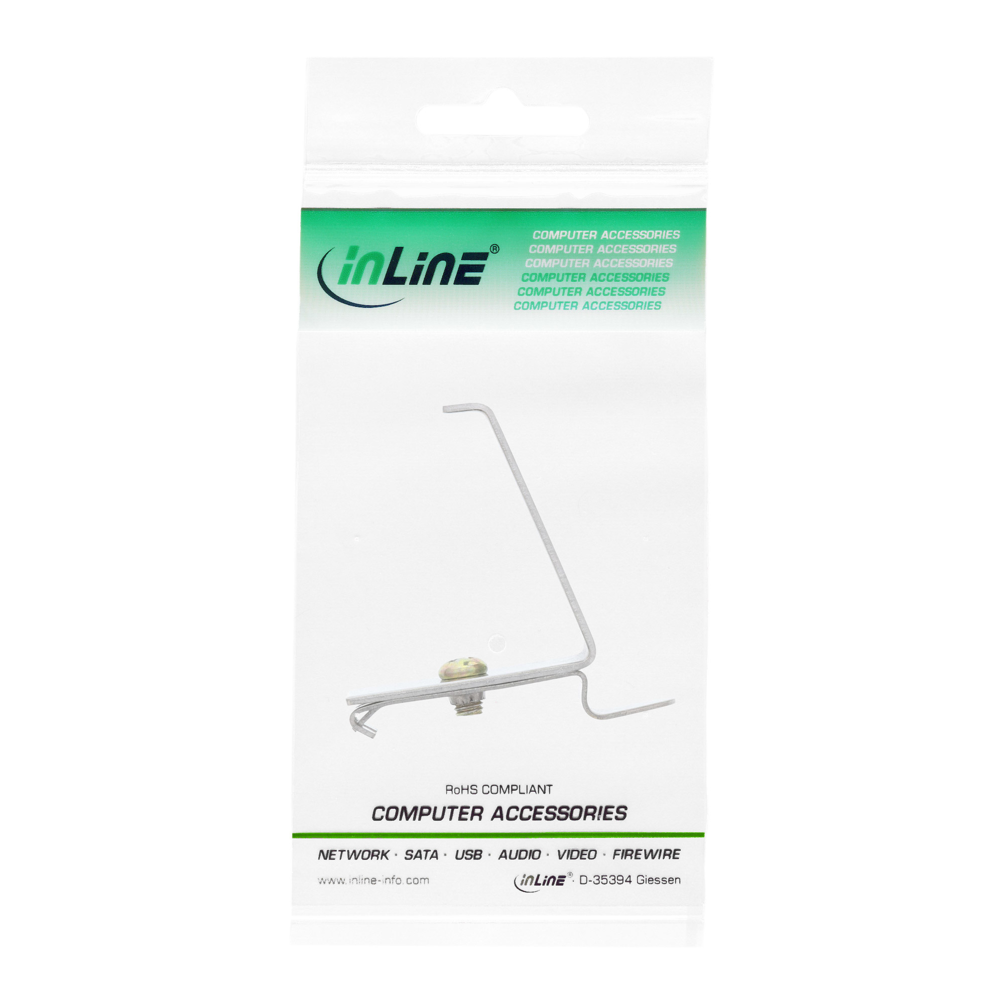 Ein Computerzubehör, eine Metallhalterung mit Schraube, ist verpackt. Die Verpackung hat das 'inLine'-Logo und Produktdetails.