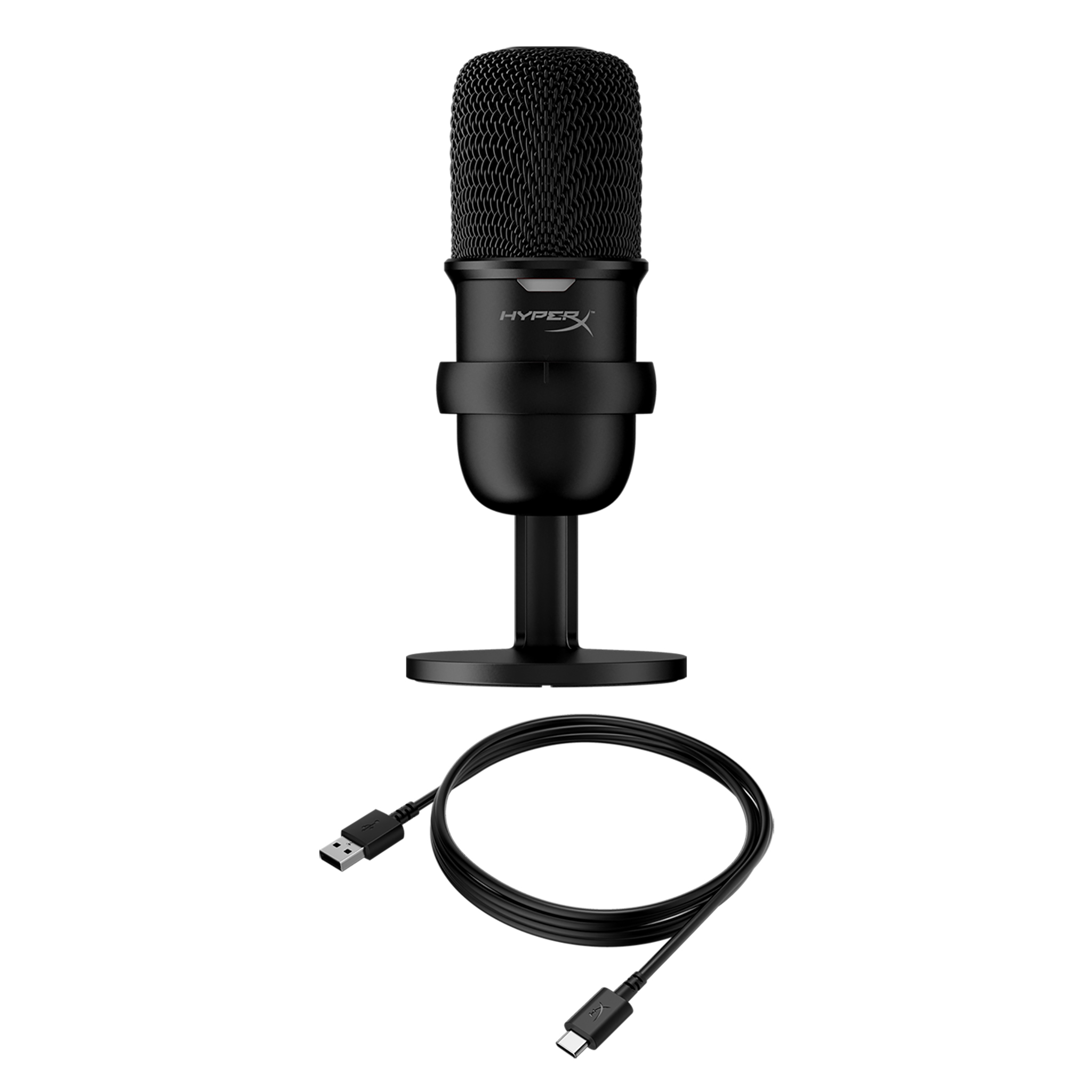 Ein schwarzes HyperX-Mikrofon mit kreisförmigem Sockel, Ständer und USB-C-Kabel. Alle Artikel auf weißem Hintergrund.
