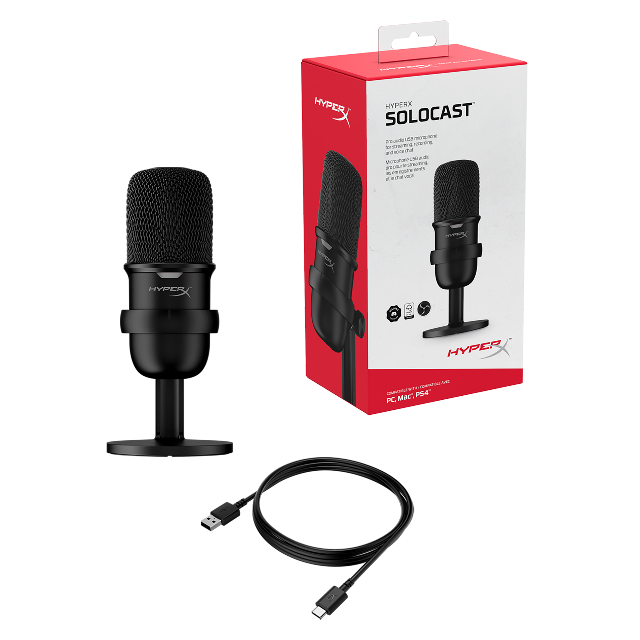 Ein schwarzes HyperX SoloCast USB-Mikrofon, eine Schachtel und ein Kabel auf weißem Hintergrund. Die Schachtel ist rot und schwarz.